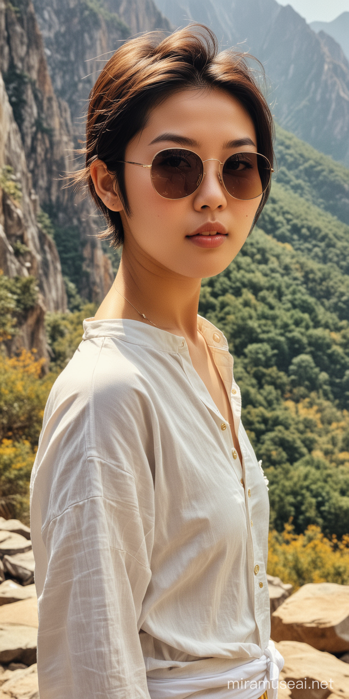 一张老照片，21岁的中国美女，短发，在黄山脚下，带着墨镜。