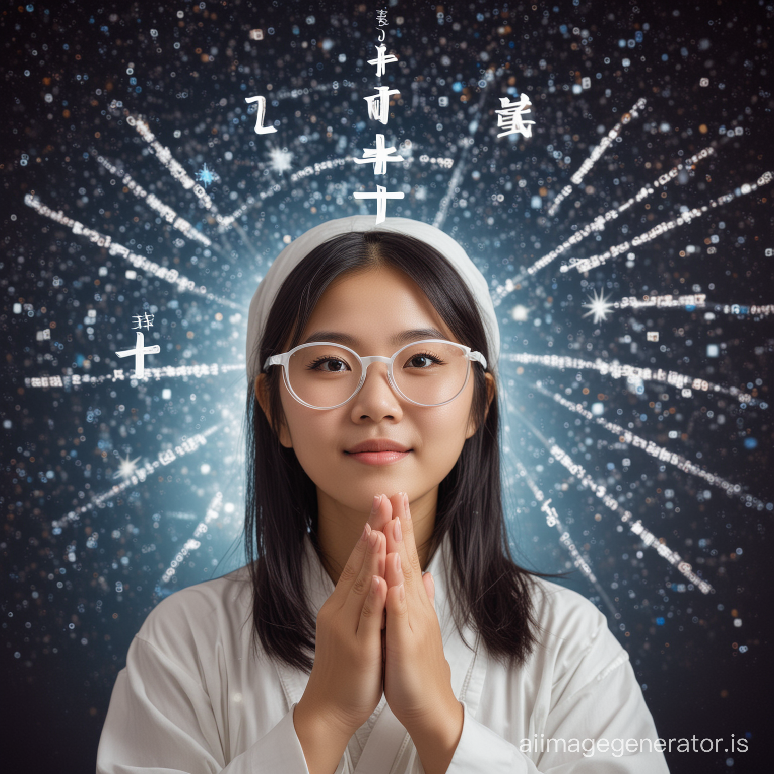 Young East Asian girl, Wearing white glasses, intellectual, fortune telling, predicting the future, star sky, astrology