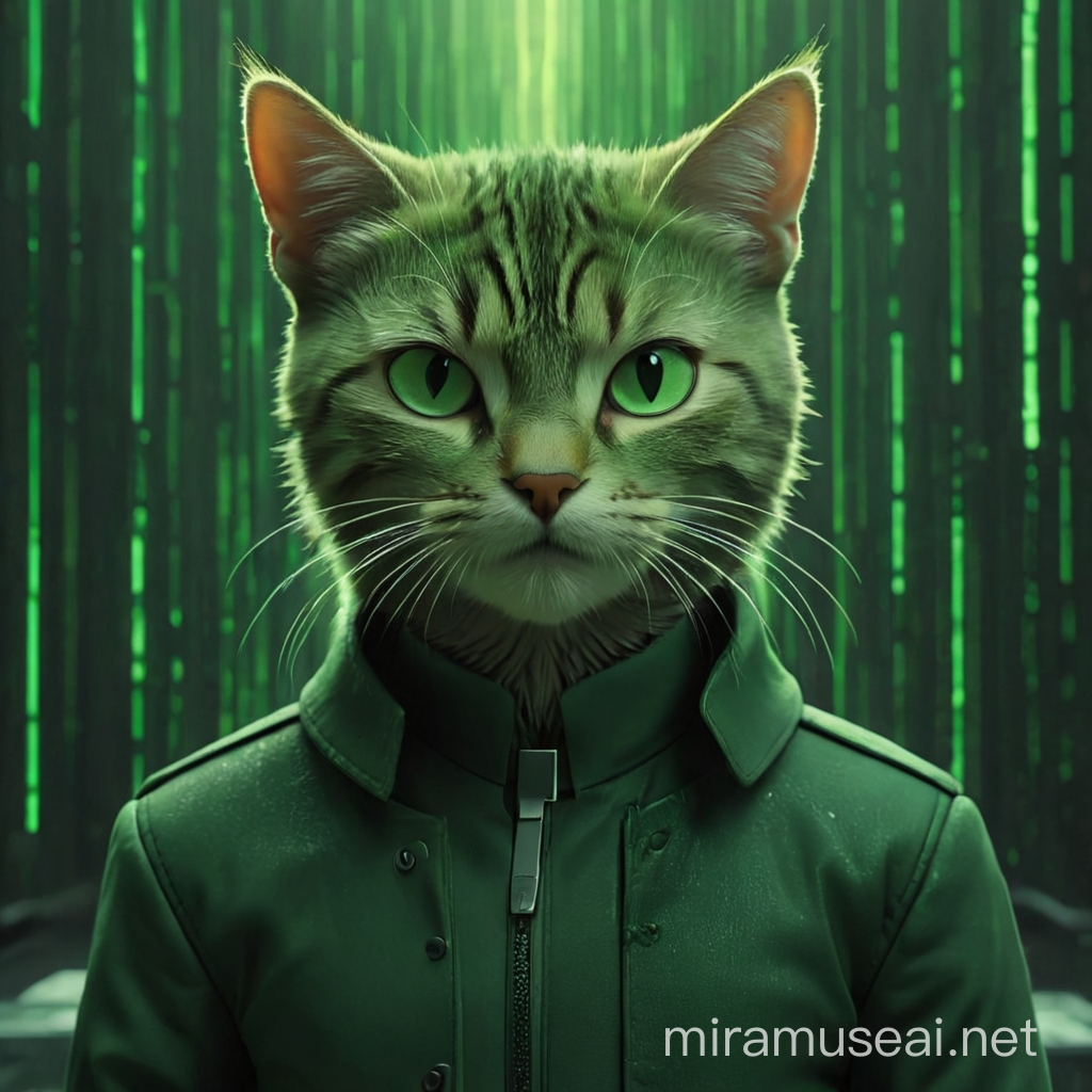 Feline Agent in Cyberpunk Matrix Scene with Green Coding Background