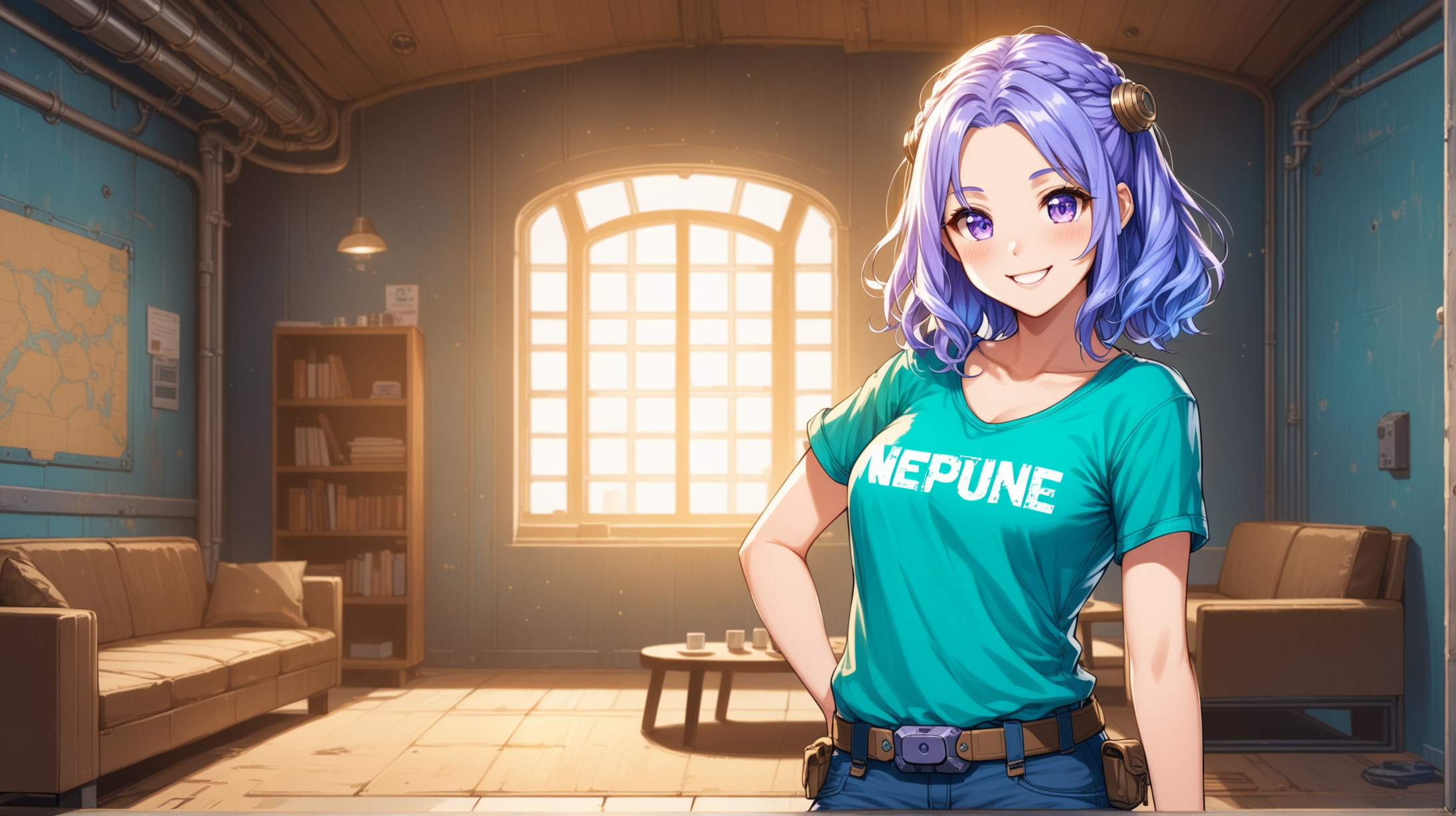 Smiling Neptune in FalloutInspired Attire HighQuality Indoor Portrait