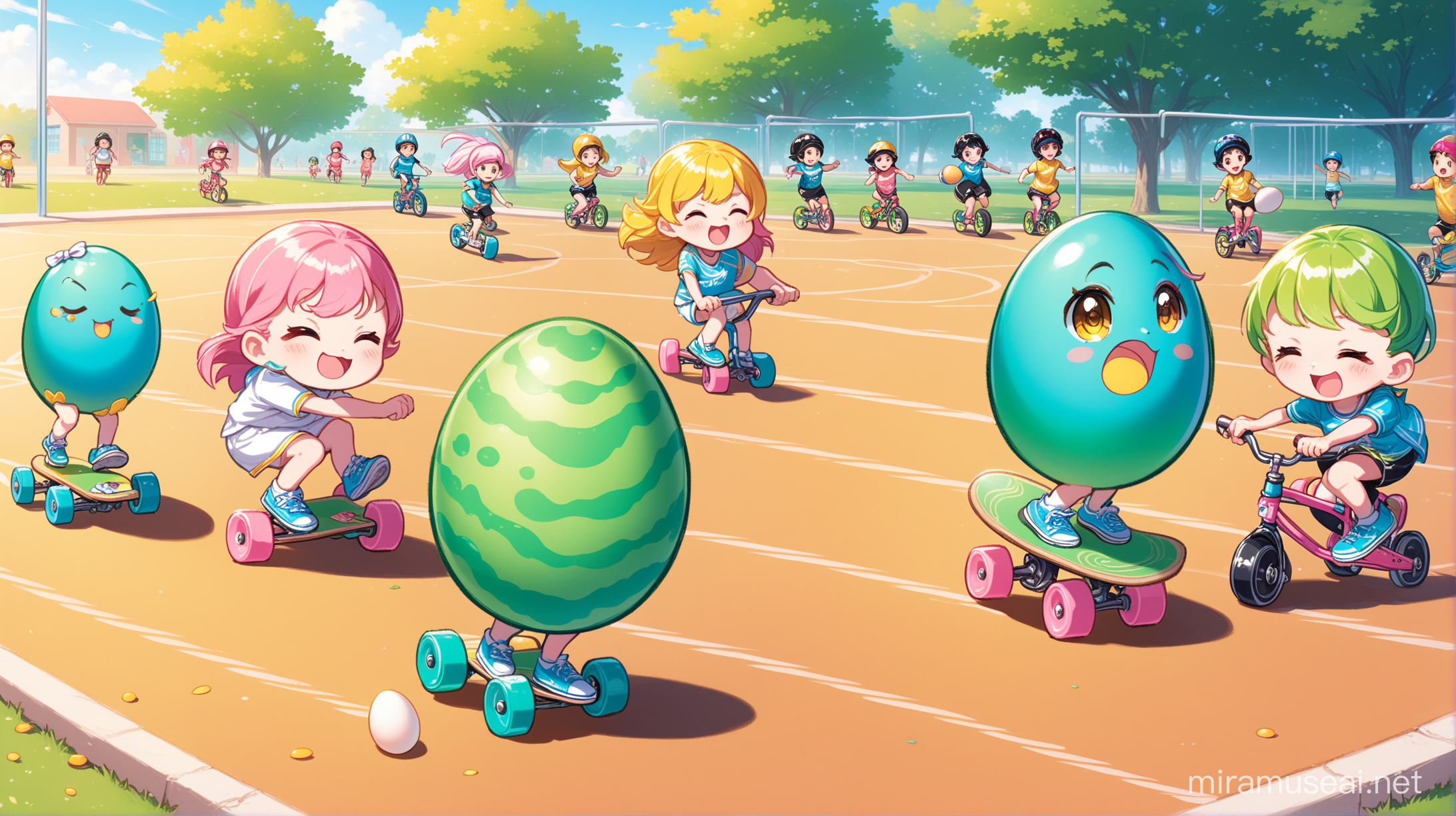 Colorful Egg Pies Enjoy Sports Day Bicycles Skateboards and Sunshine Fun