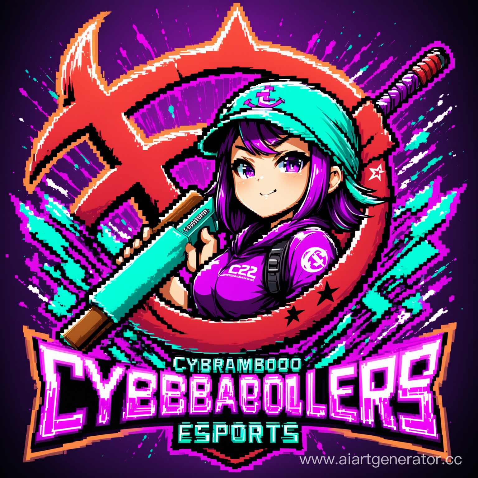Аватарка для киберспортивноей команды CyberBamboozlers по игре CS2. В фиолетовом, неоново-бирюзовых цветак с ремпиратором и оружием в виде серпа и молота. Должна быть надпись большими буквами CyBa