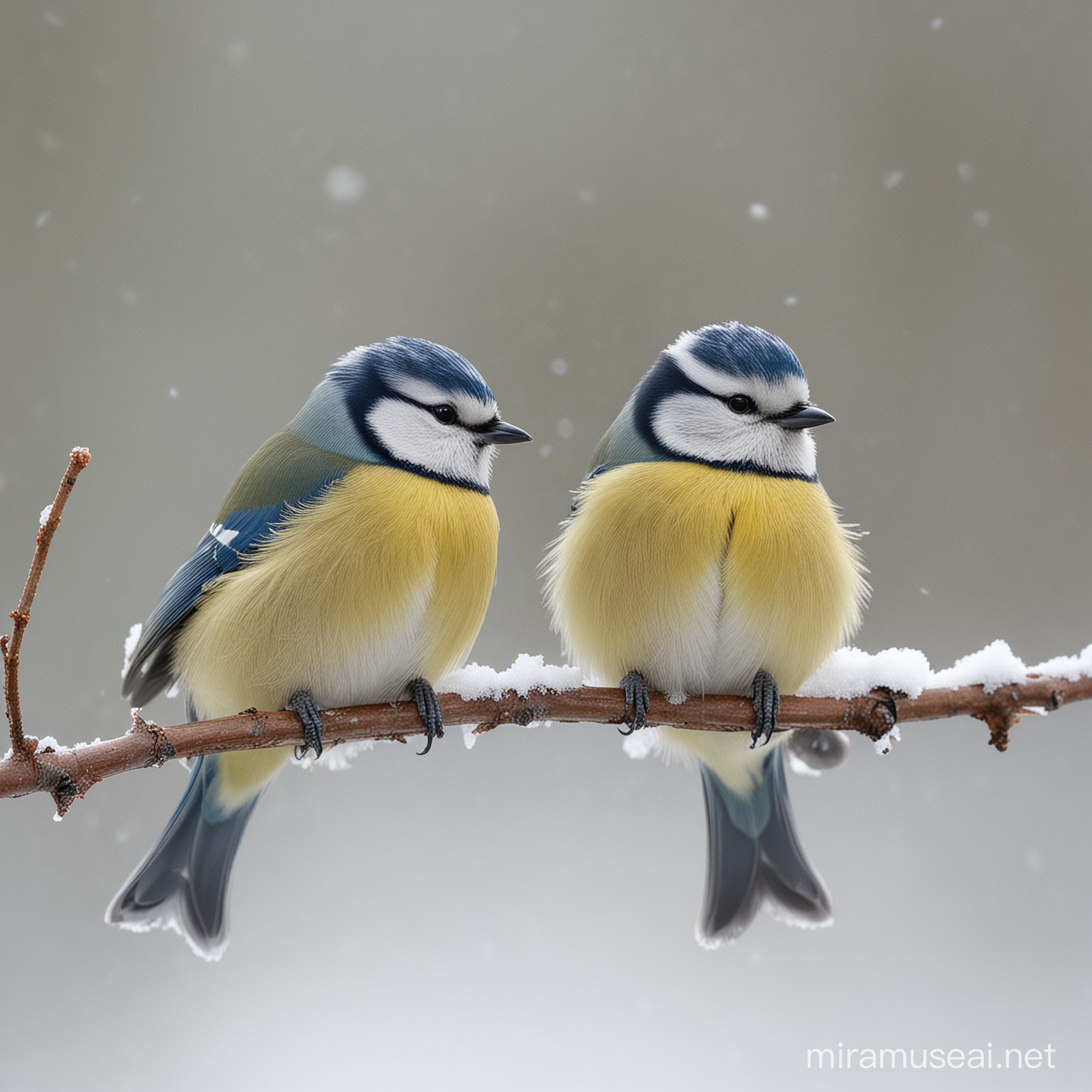Blue Tits Perched on Snowy Branch in Finnish Spring