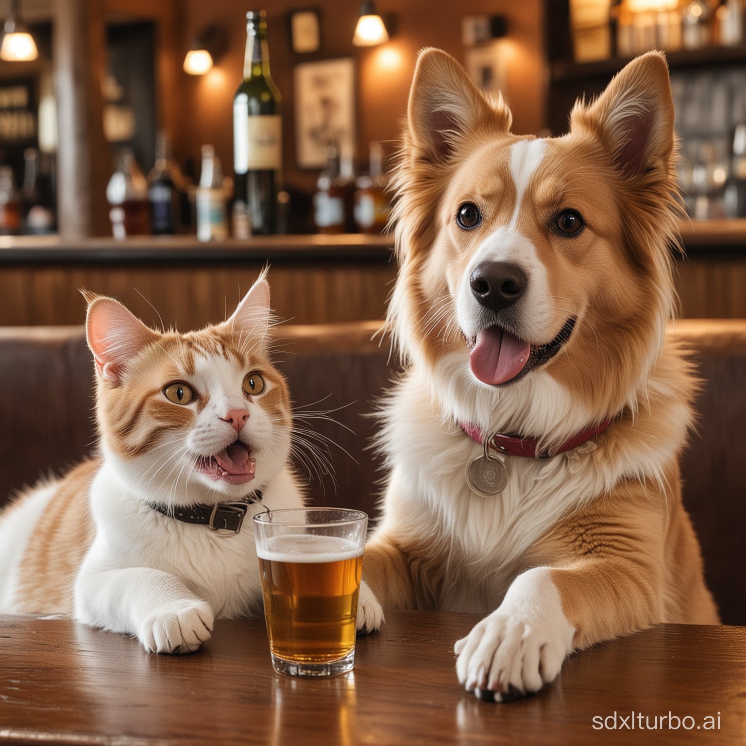 Cat and dog having good time at pub.