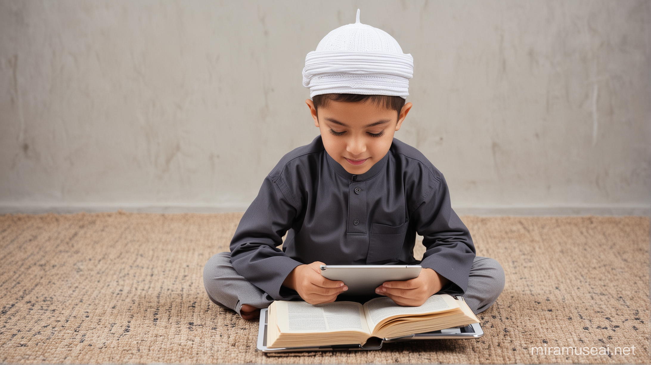 Engaged Muslim Child Learning Quran Online with Tablet