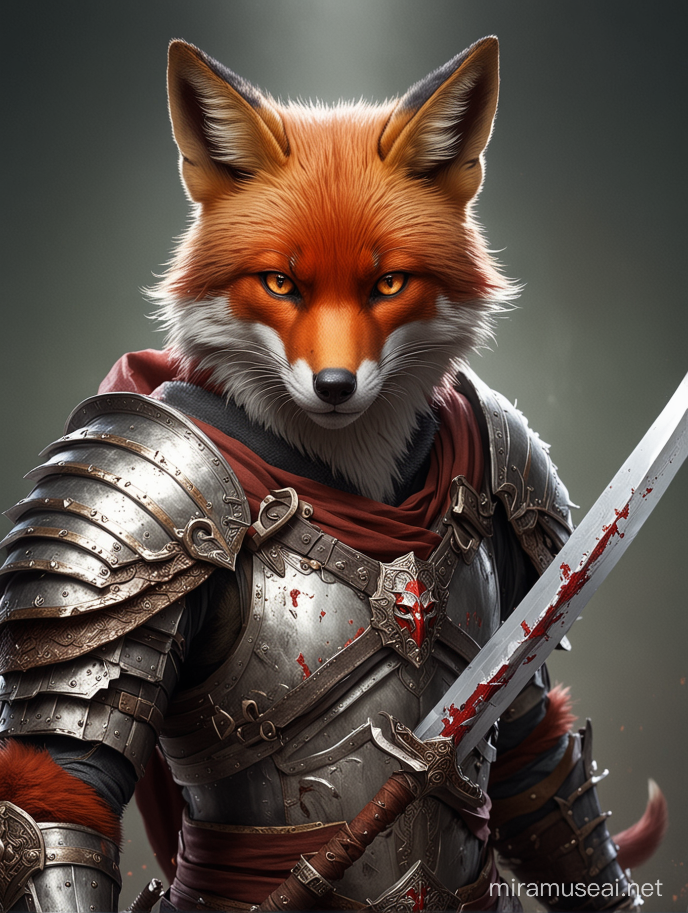 Ein Fuchskrieger mit einem Schwert. Eines seiner Augen ist rot. Er hat eine Narbe über dem Auge. Er trägt eine silberne Rüstung.