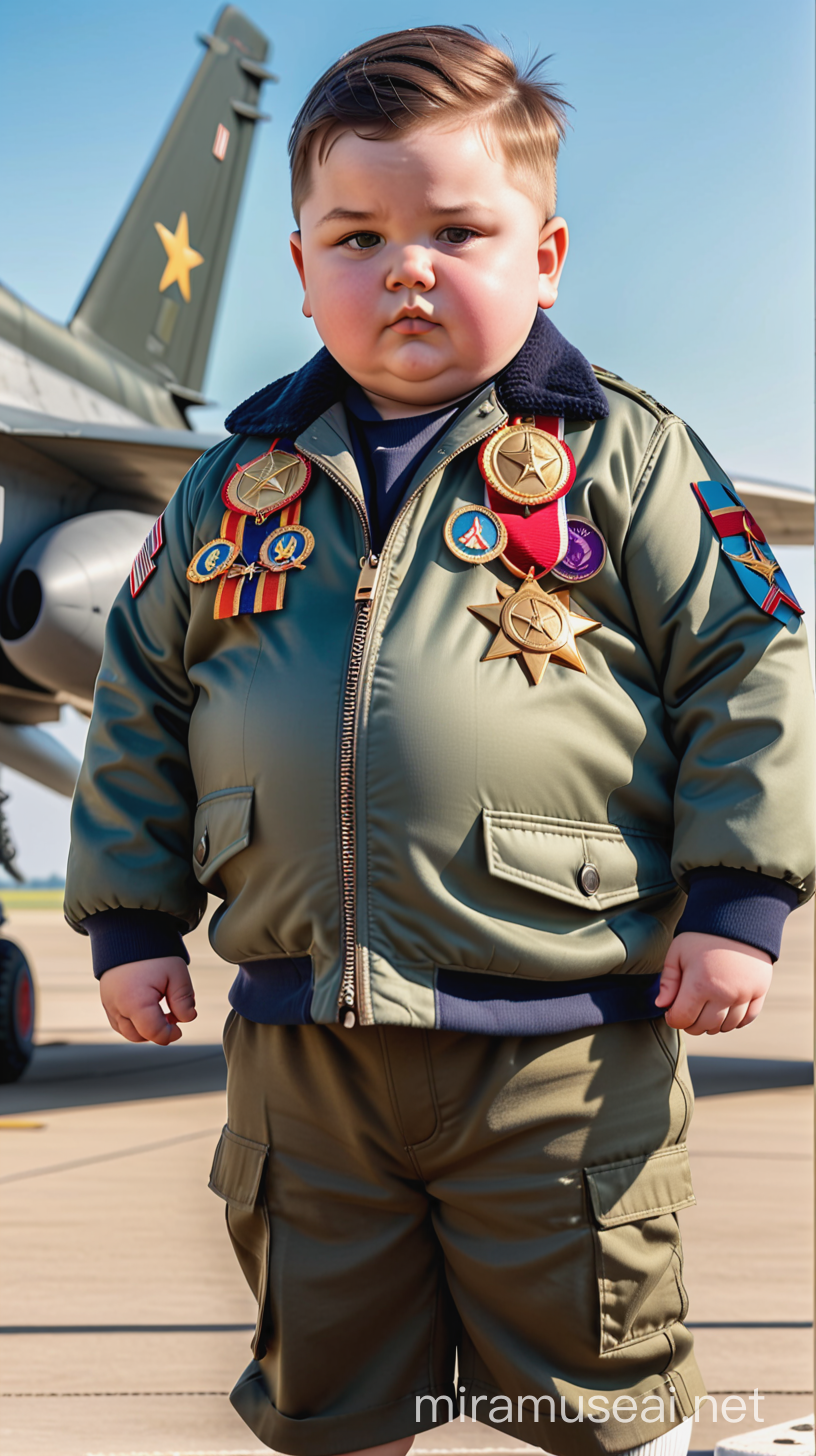 Очень толстый жирный мальчик ребенок с темными зачесаными на бок волосами средней длины в военном пиджаке с медалями и наградами стоит на полигоне а на заднем плане стоит большой самолет истребитель