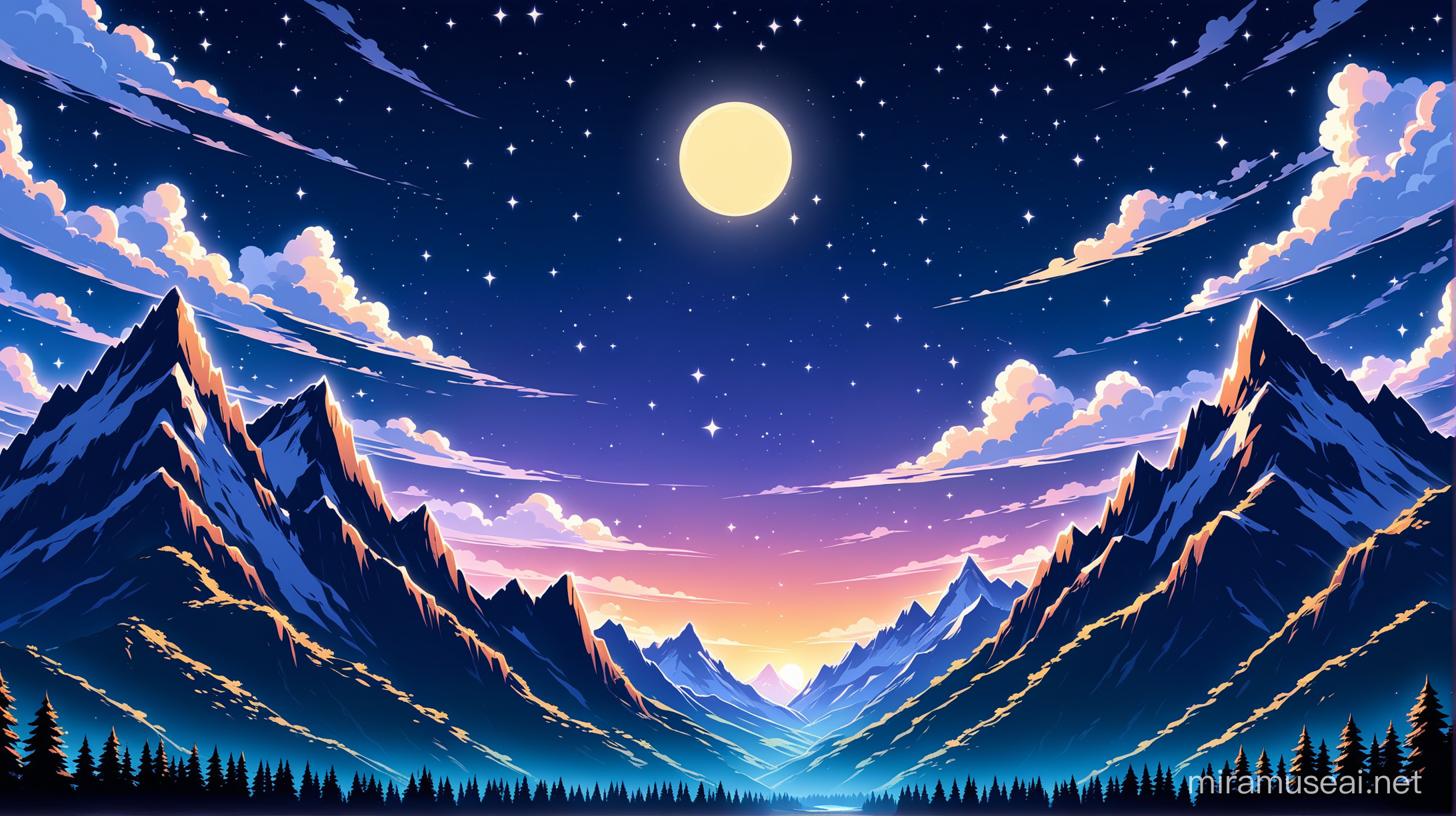 Cartoon Night Mountains Landscape with Glowing Moon