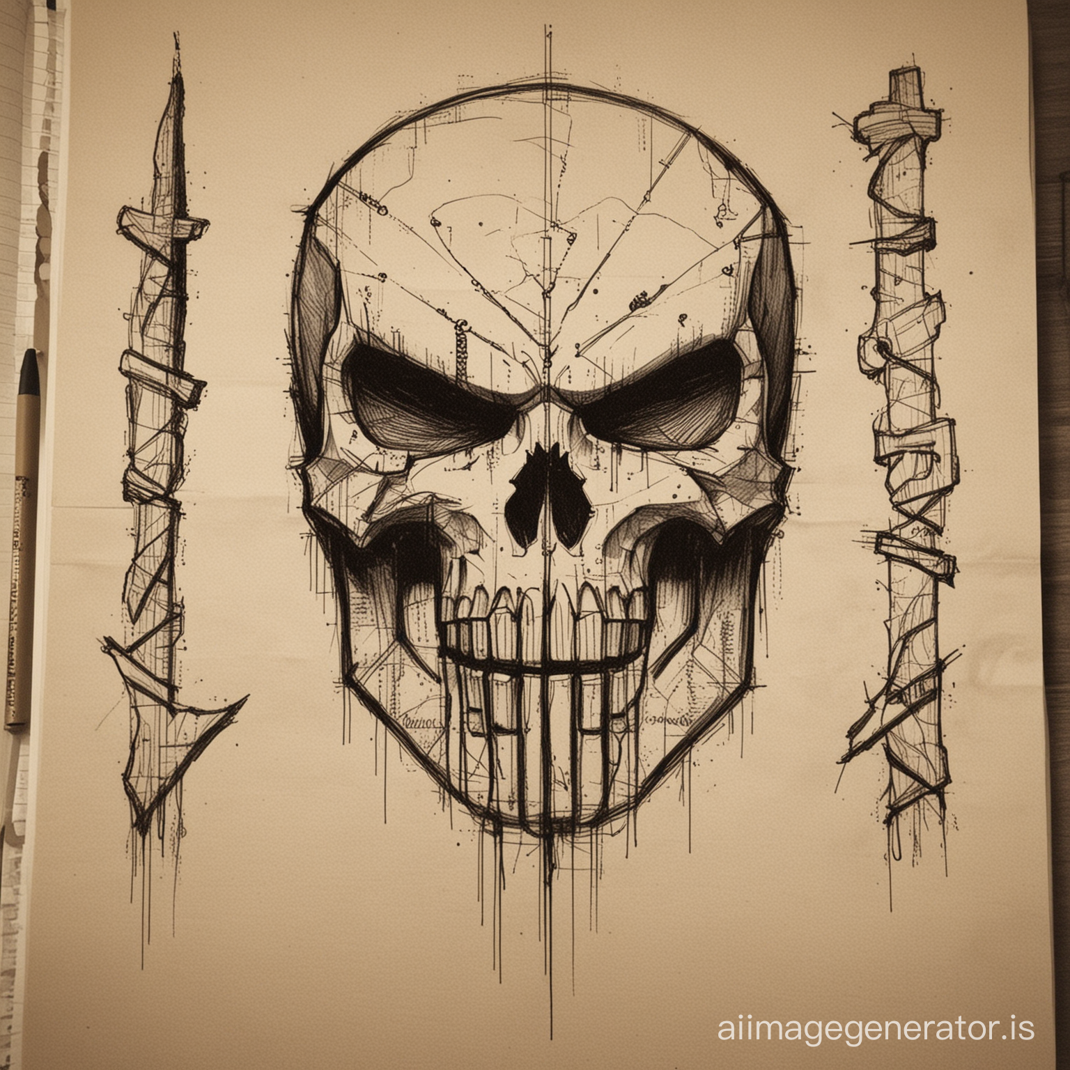 Sketchbook Style, Sketch book, hand drawn, dark, gritty, realistic sketch, Rough sketch, mix of bold dark lines and loose lines, bold lines, on paper, turnaround character sheet, marvel the punisher, Full body, arcane symbols, runes, dark theme, Perfect composition golden ratio, masterpiece, best quality, 4k, sharp focus. Better hand, perfect anatomy. by With Design In Mind