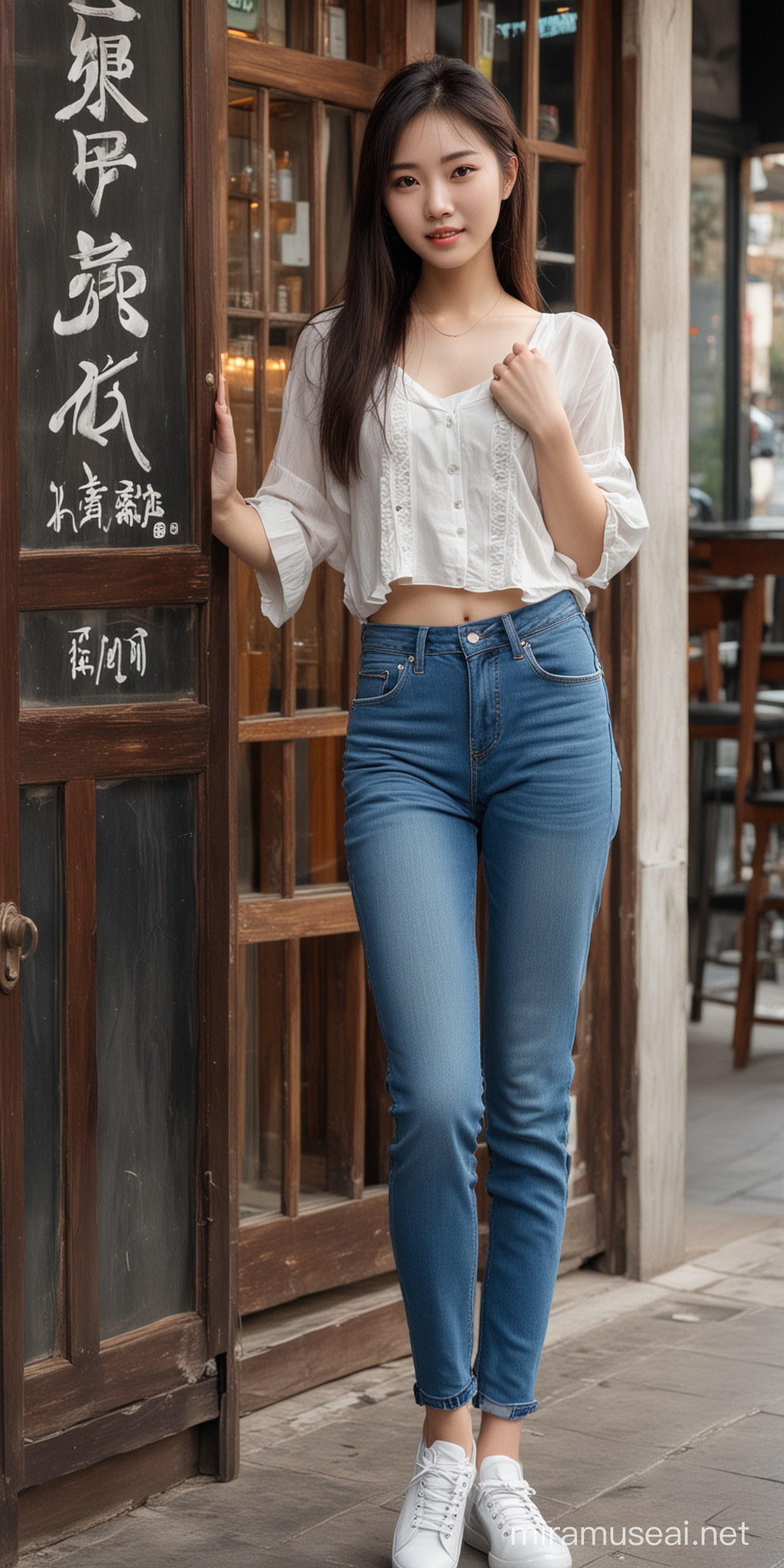 19岁中国美女，长得像林青霞，穿着非常时尚的服装，裤子是牛仔裤，在一个酒吧门口。