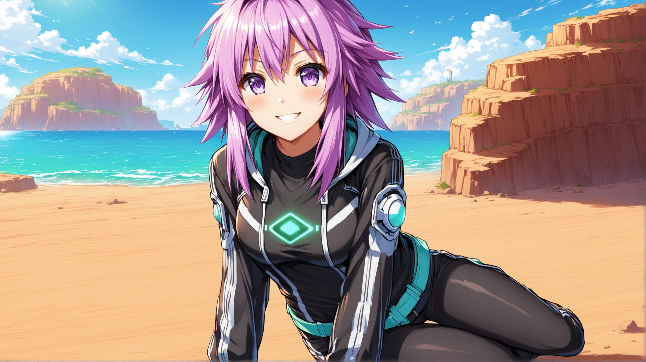 Draw the character Neptunia, high quality, outdoors, casual pose, in an outfit and setting inspired from the Fallout game series, smiling at the viewer