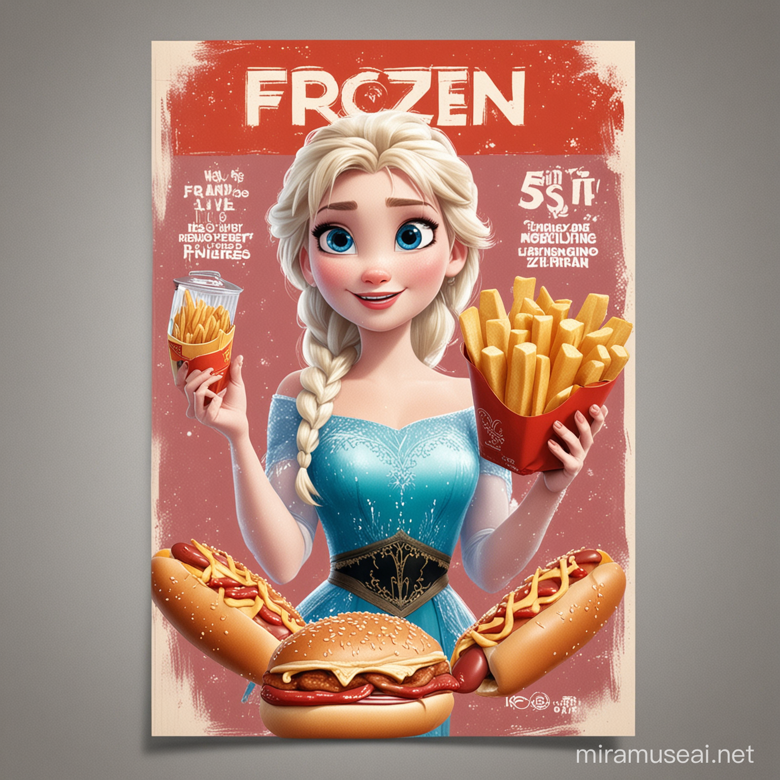 Alter the poster of frozen into funny style. Make elsa handling pack of hotdog, pack of spam, pack of fries, pack of chicken, pack of frozen seafoods
