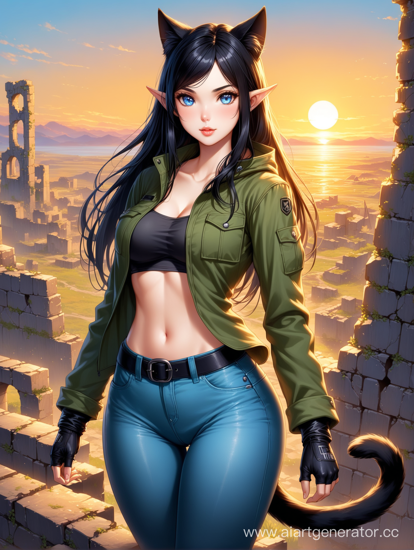 Stunning girl character in realistic style (long black hair, big expressive skyblue eyes, cute face), hot luscious lips, upward turned not long elf ears, full 180cm body, slender fit figure (slim waist, wide hips, medium breasts), beautiful long trained legs. Wearing roomy olive fieldjacket, tight darkblue jeans, black combat boots, fingerless gloves, cat ear rim. Cat tail. Stands in the fantasy ruins at the sunset.