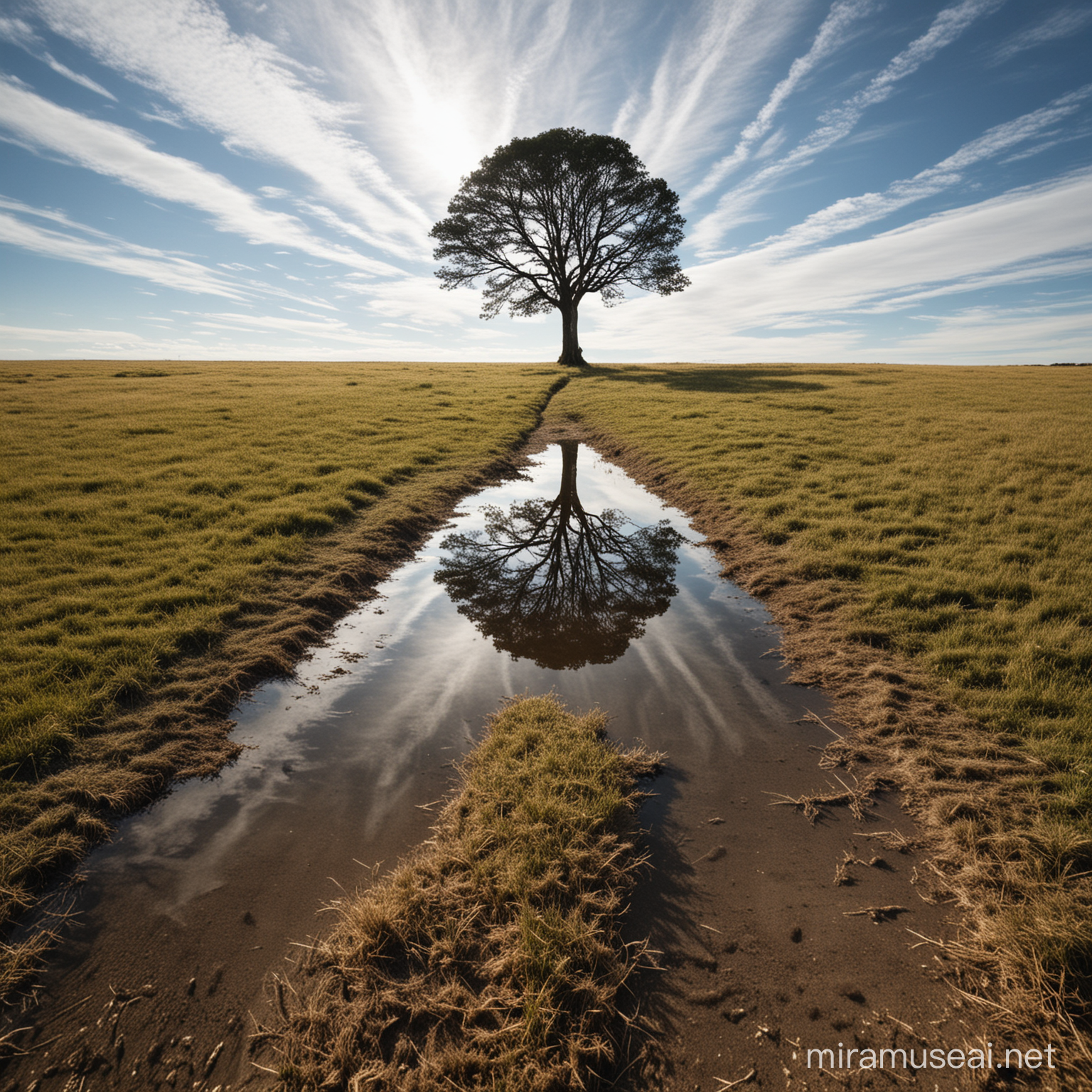 Solitary Tree in Mirrored Landscape Surreal UpsideDown World