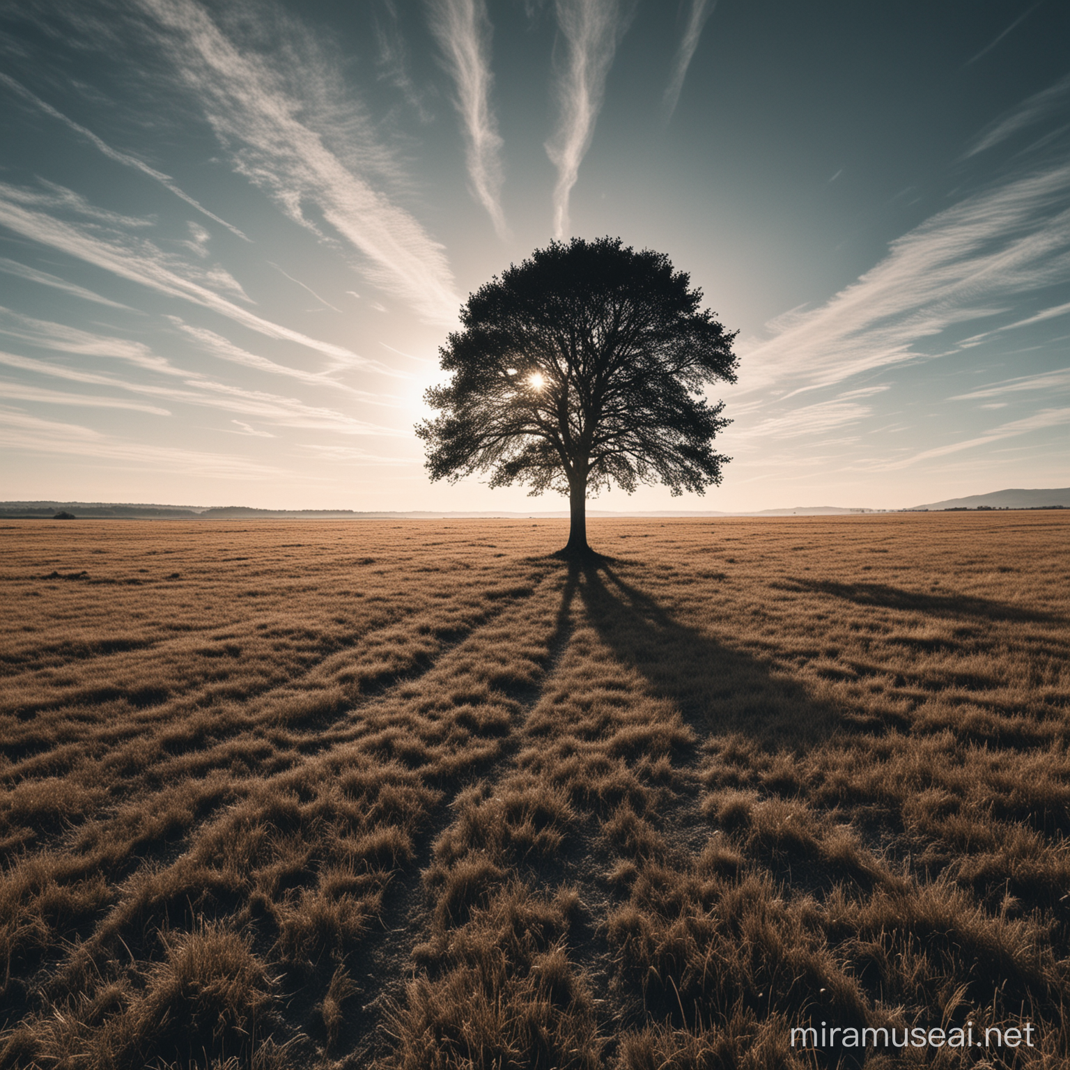 Surreal UpsideDown World with Solitary Tree and Empty Grassland