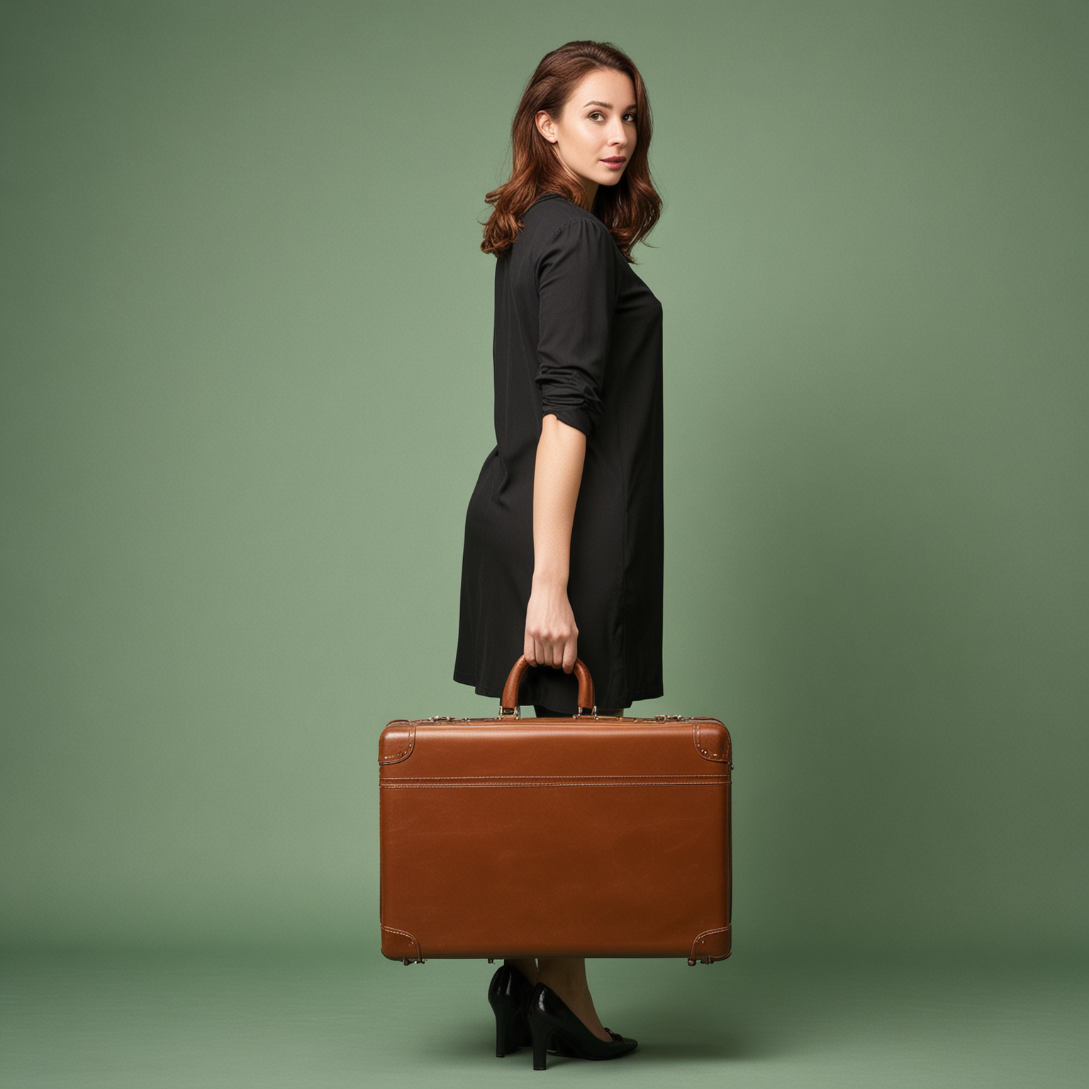 sur fond vert, une  femme de dos  avec une valise brune à la main année 60 habillée ton noir