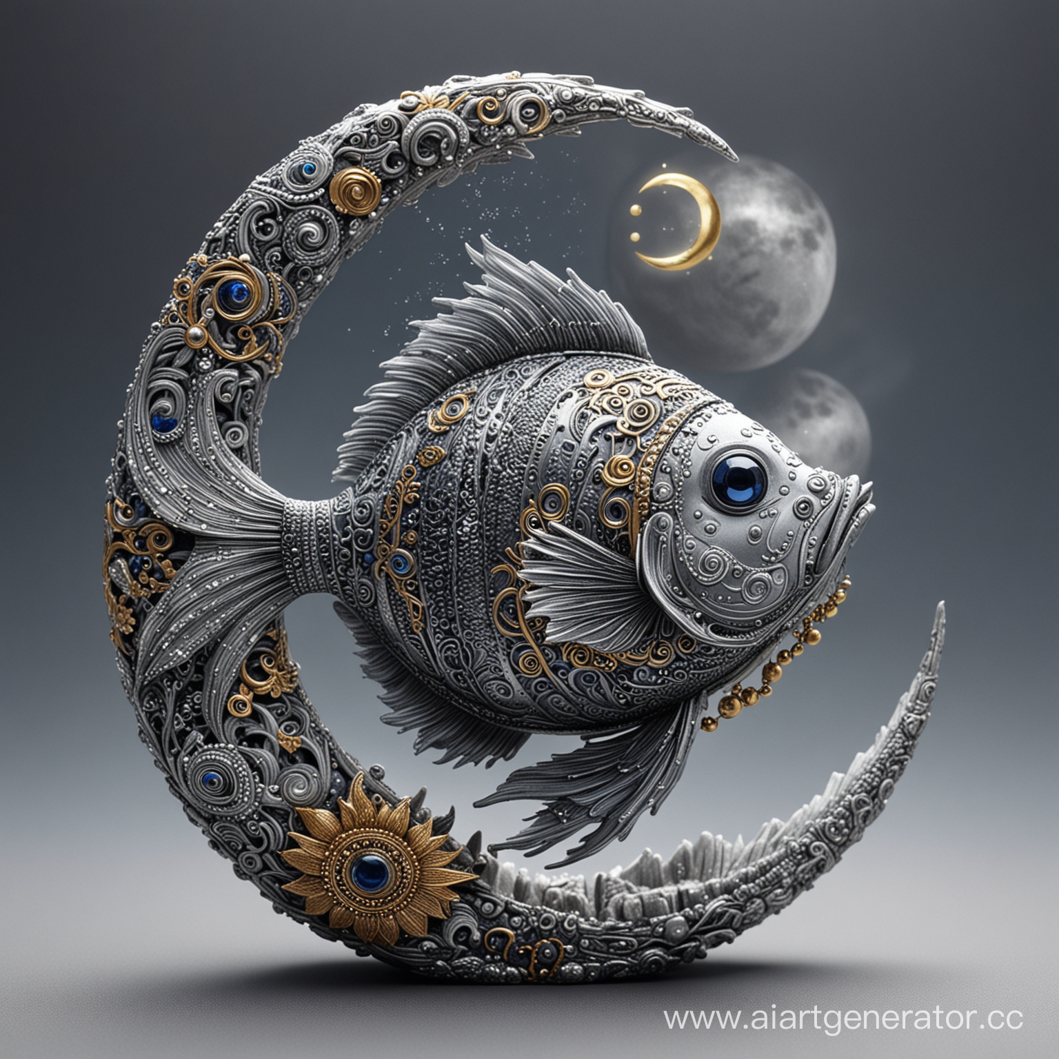 Mystical fish-moon figurine, in ethnic style, symbolic, with many details and textures, in gray, silver, black, white, dark blue, gold colors Скачать оригинал изображения с сайта: Midjo.ru