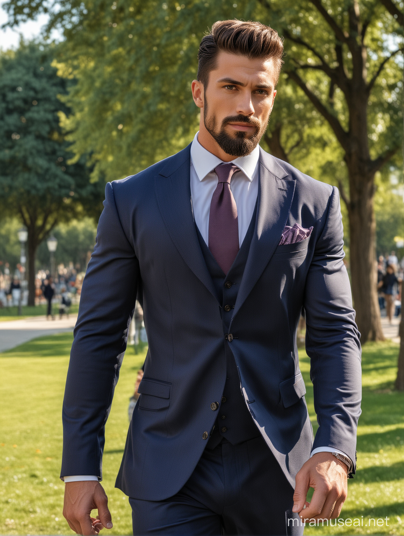 Tall and handsome bodybuilder men with attractive hairstyle and beard with beautiful eyes and Big wide shoulder and chest in navy blue suit walking on park 