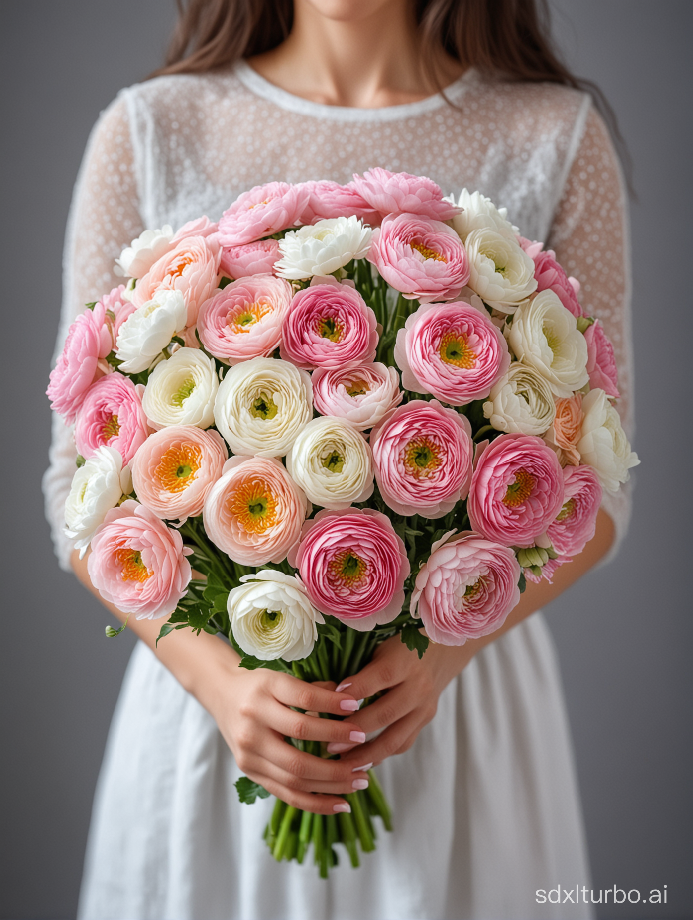 The girl holds in her hands a large bouquet of ranunculus white and pink on a gray background high quality