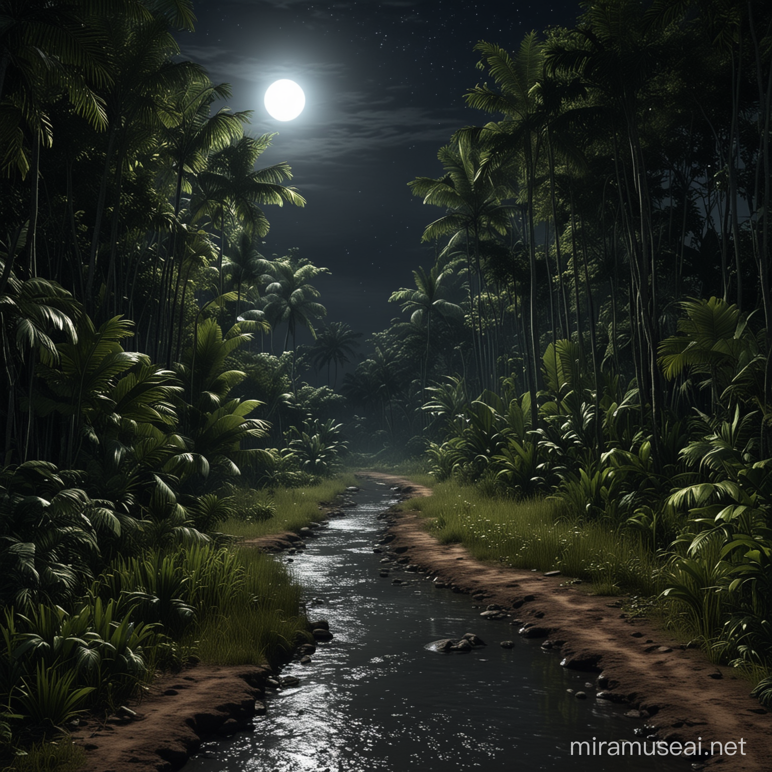 tropical jungle at night, small dirt road, clear night, realistic size full moon. HD jungle details, small stream nearby