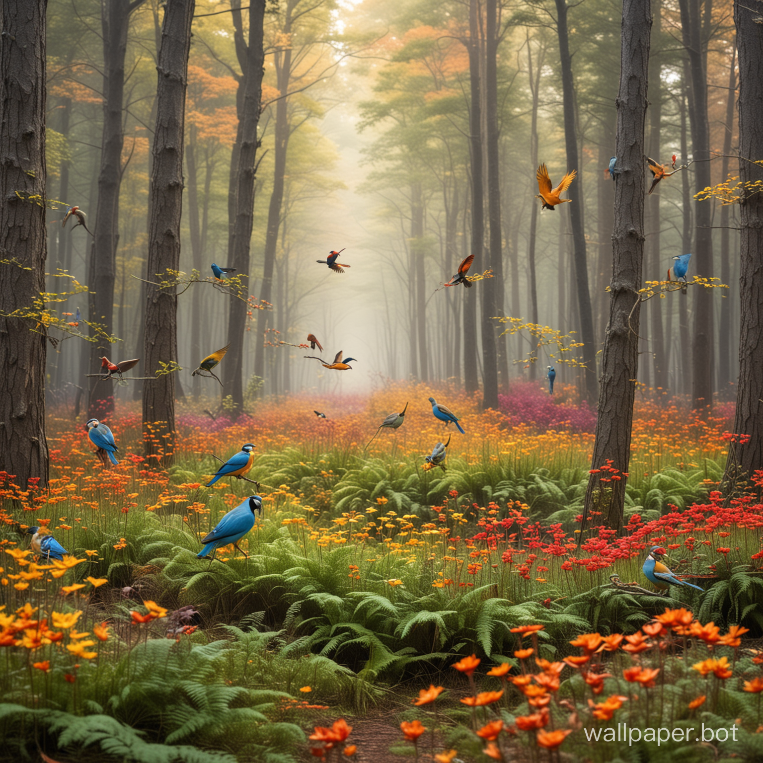 colorful birds in a forest setting