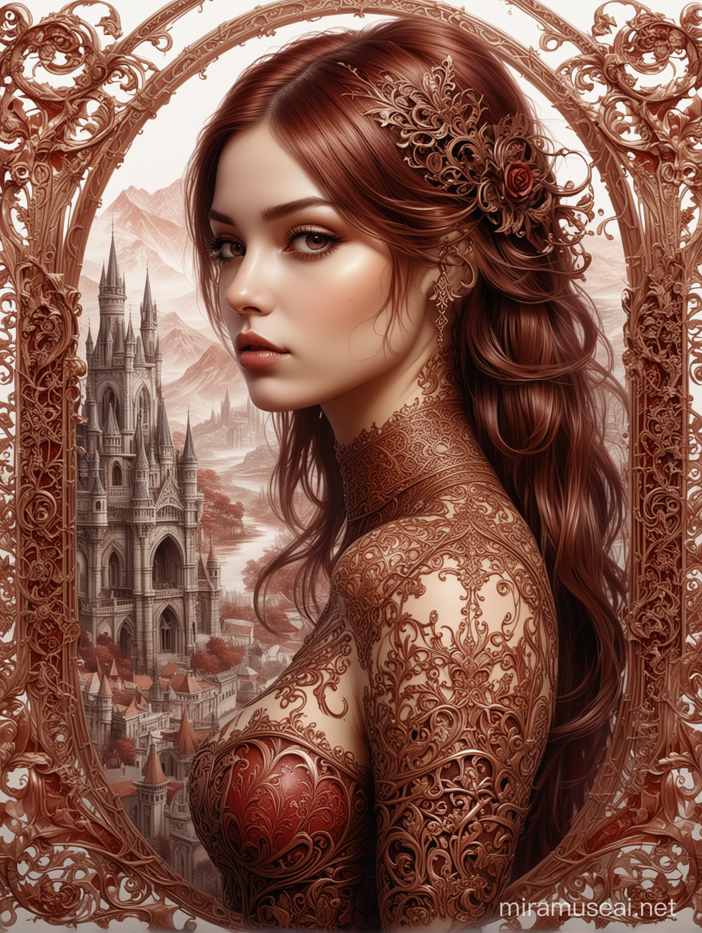 Beautiful girl with realistic tattoo design of a fantasy scenery, gothic ornamentation, intricate filigree metal design, in crimson and bronze, layered translucency, white background, high resolution