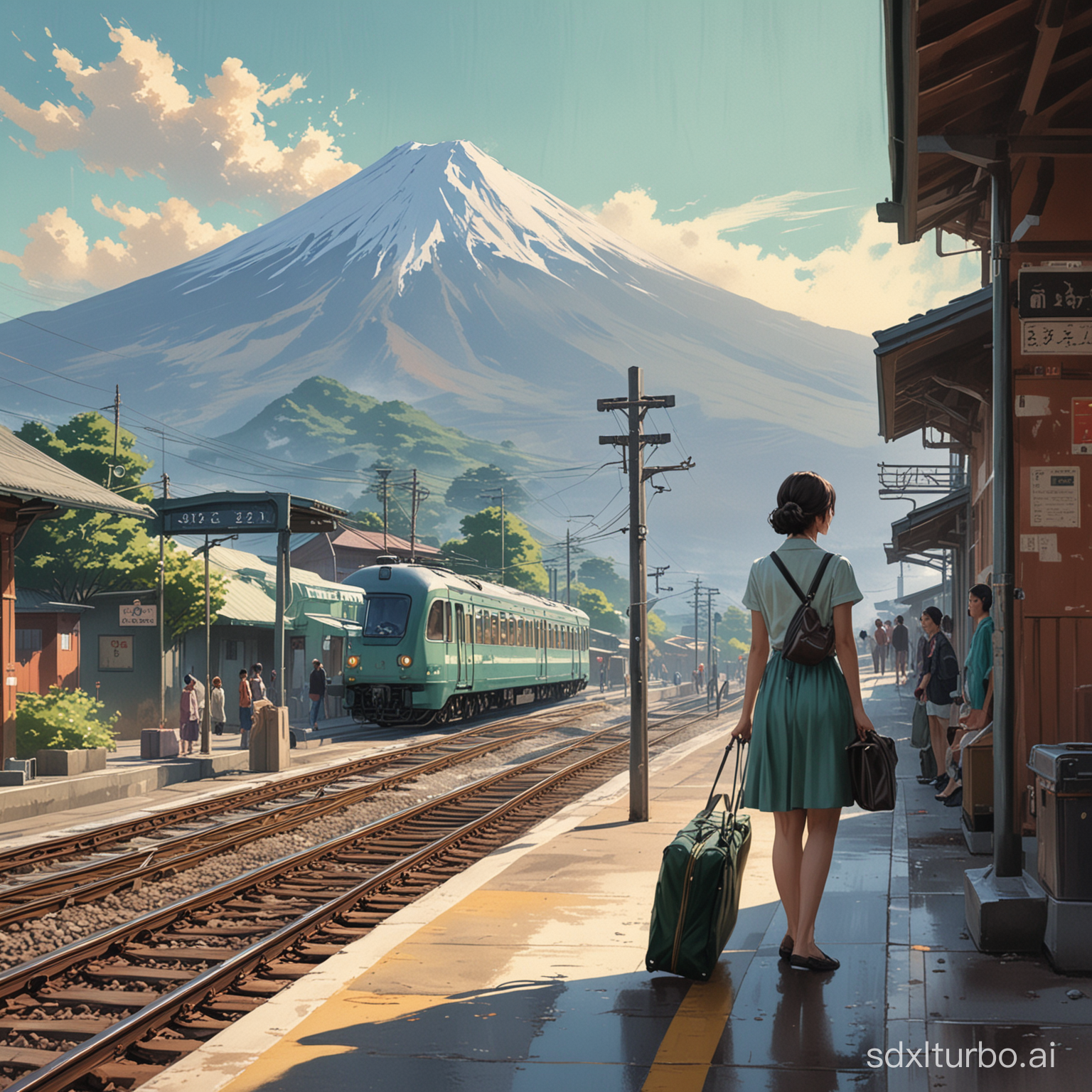 Art style of Alex Ross with muted colors, dominated by tosca color. A tranquil scenery at a village train station, with the majestic Mount Fuji in the background. A girl standing on the platform carrying a travel bag. A train slowly approaching the train station.