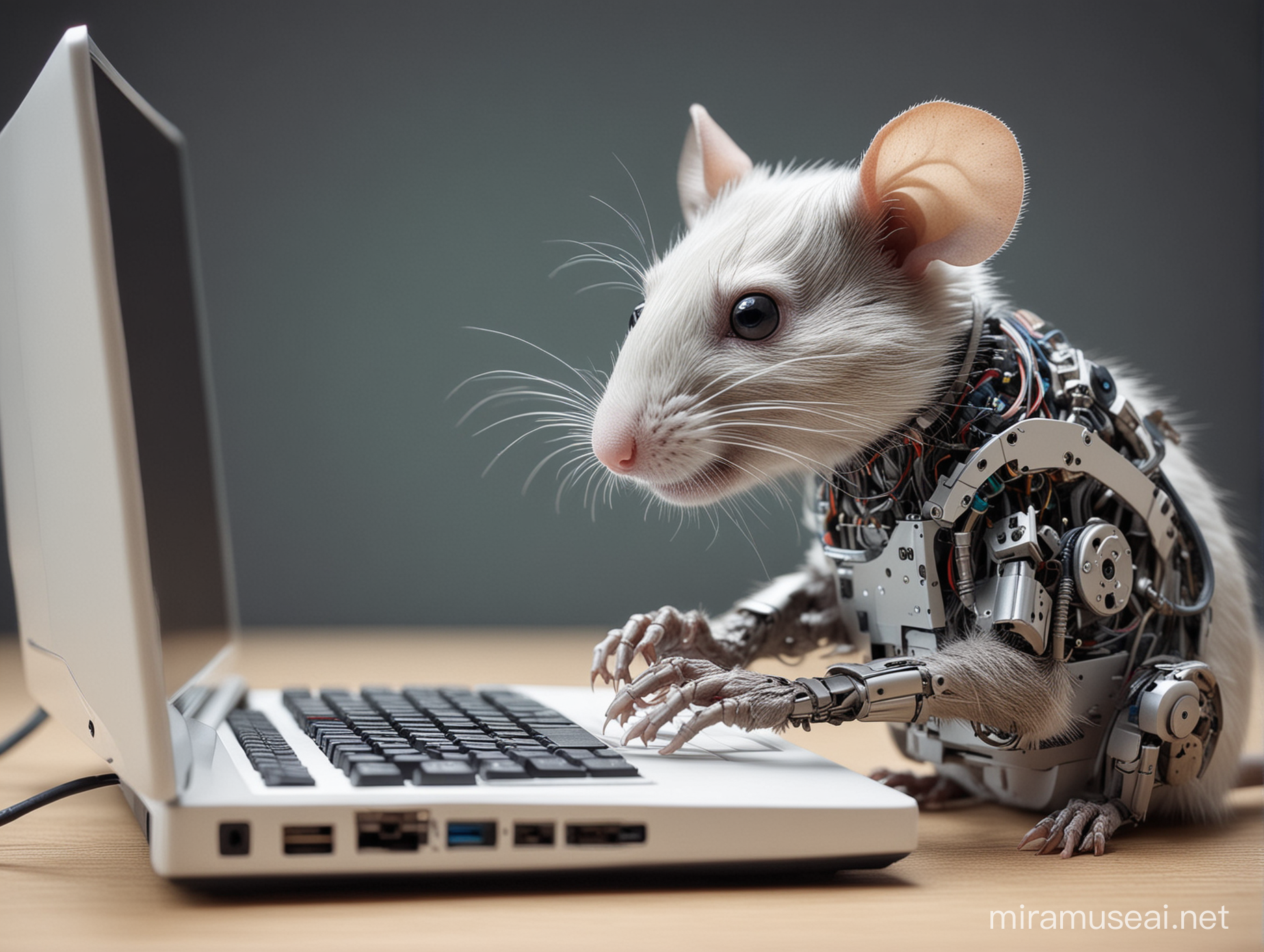 cute but sneaky robot rat typing at a computer