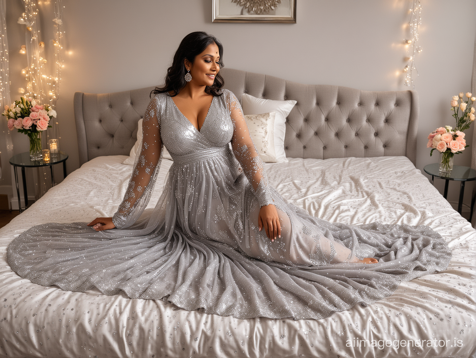 Generate full body view image of a 40 year old very busty and curvy Indian woman wearing silver transparent net sequin chiffon full length nightgown. She is standing and  giving body message to a 45 year old man wearing formal suit   lying on a flower decorated wedding bed