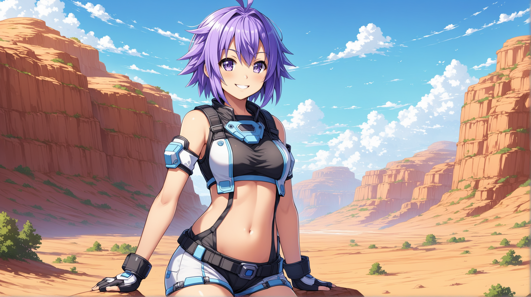 Draw the character Neptunia, short hair, high quality, outdoors, relaxed pose, outfit inspired from the Fallout series, smiling at the viewer