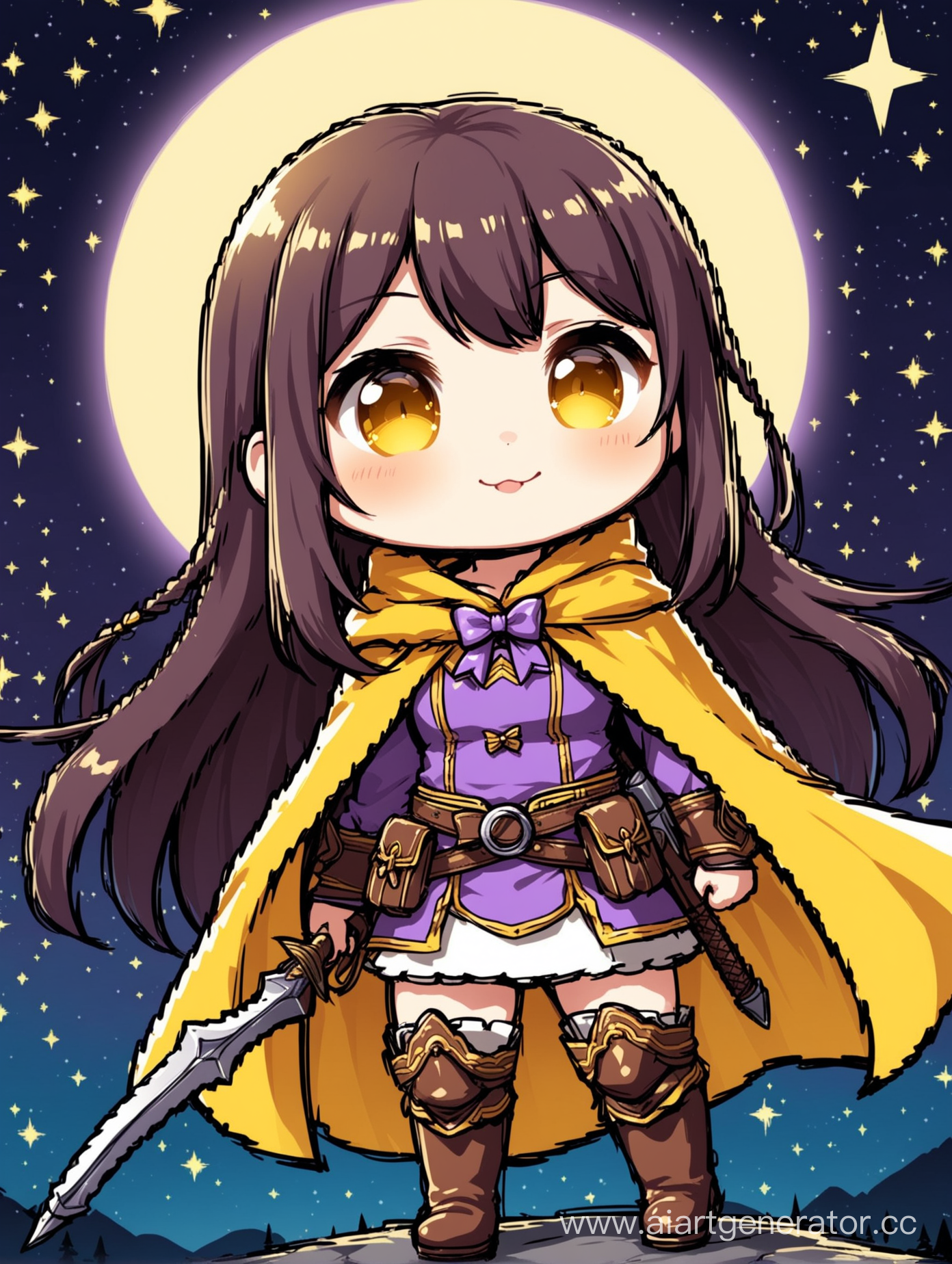 female happy adventurer with long hair and bangs, wearing a long yellow and purple cloak and high boots, armed with a bow for shooting against a night moon), close-up, high detail, chibi style