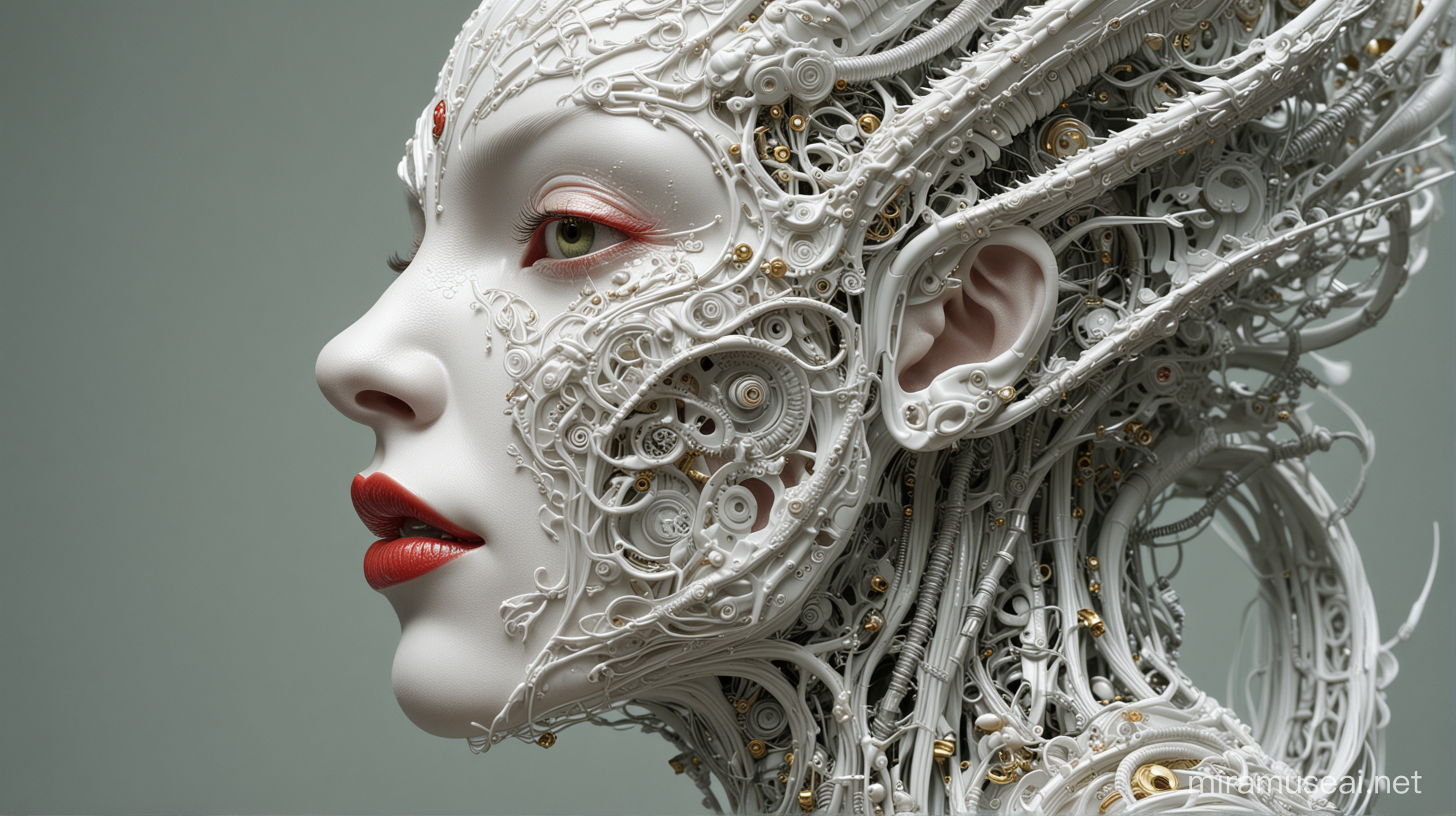 complex 3D rendering hyper detailed ultra sharp beautiful porcelain dragon face profile mechanical cyborg 1 5 0 mm beautiful rich natural soft light edge light studio light large spring flowers and green stems wavy roots fine leaf lace silver gold filigree details , alexander mcqueen high fashion haute couture , pearl earrings , art nouveau fashion embroidered , steampunk , mesh wire , hyperrealistic , mandelbrot fractal , anatomical , red lips , white metal armor , facial muscles , cable wires , microchip , elegant , octane design , v . r. giger style, 8 k