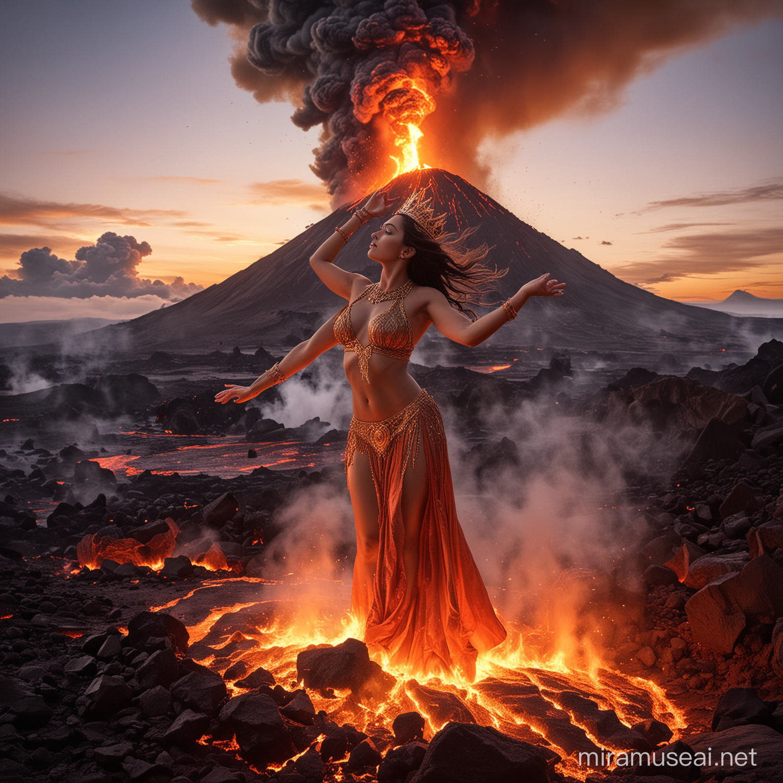 Pele GODDESS OF VOLCANOES The image is of a woman wearing a crown. The tags associated with the image include human face, dance, person, dancer, fire, showgirl, woman, abdomen, clothing, navel, and belly dance.The image shows a volcanic eruption with lava flowing down the mountain, accompanied by smoke and flames. It depicts a natural phenomenon where molten rock and gases escape from a fissure on the Earth's surface, creating a fiery and explosive scene.The image shows a person standing on a mountain with a volcano in the background as the sun sets. The scene is filled with clouds and hints of lava indicating volcanic activity.Double Cheeked up