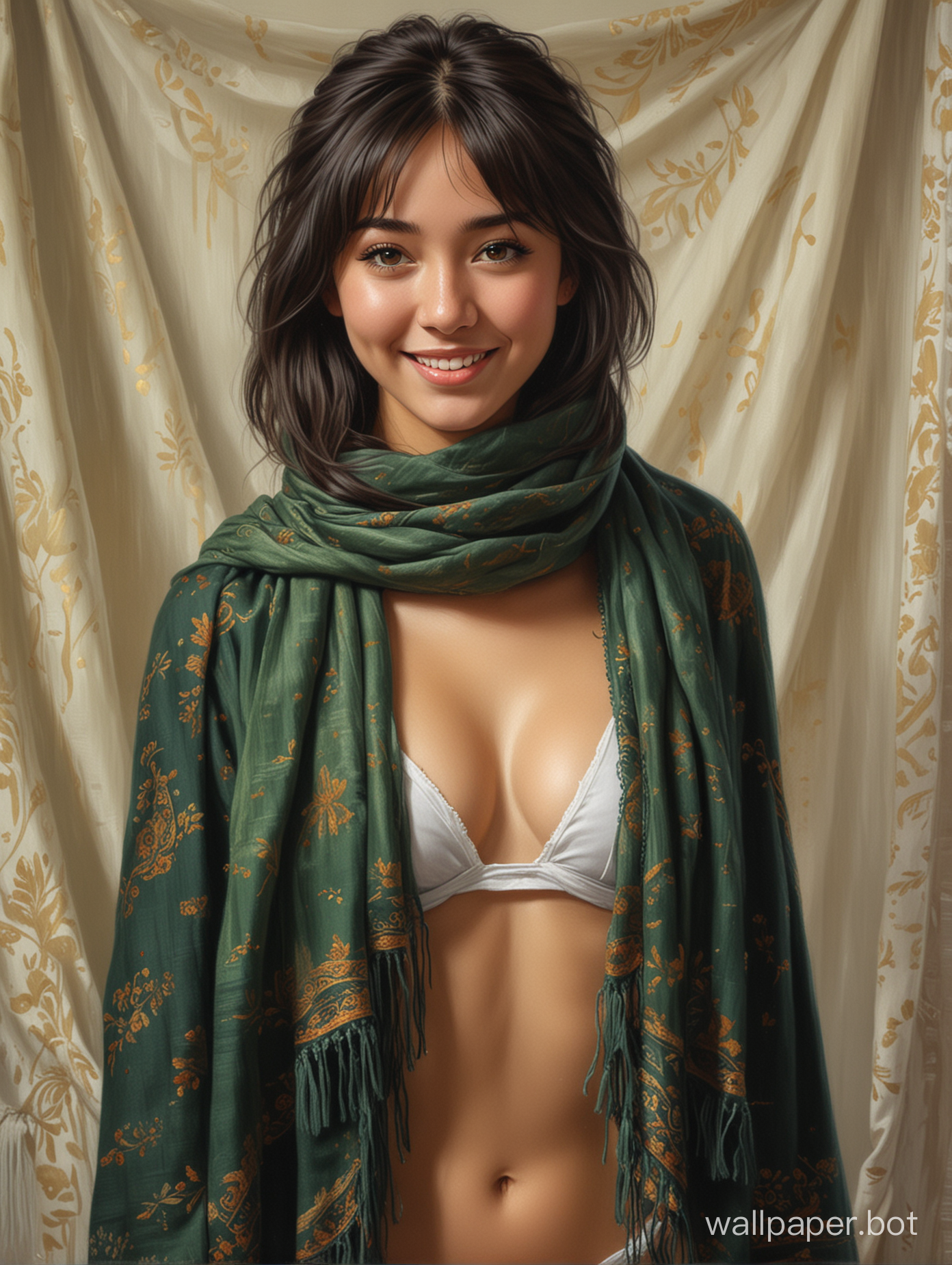 full body perspective, painting of an adorable 18 year old kazakh girl, turkic, she is pretty, she is naked, she has amber eyes, she has tan skin, she has long jet-black hair that is wavy and falls in curtains, fluffy blunt bangs, nose piercing, midriff, chest, she has a beautiful innocent face, smiling, beaming, very cute, wearing a fancy forest-green shemagh scarf, perfect, sense of wonder, Velazquez painting style 
