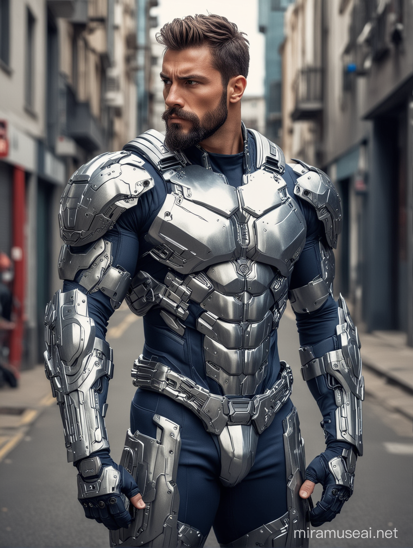 Tall and handsome bodybuilder men with beautiful hairstyle and beard with attractive eyes and Big wide shoulder and chest in sci-fi High Tech navy and sliver armour suit with firearms standing on street