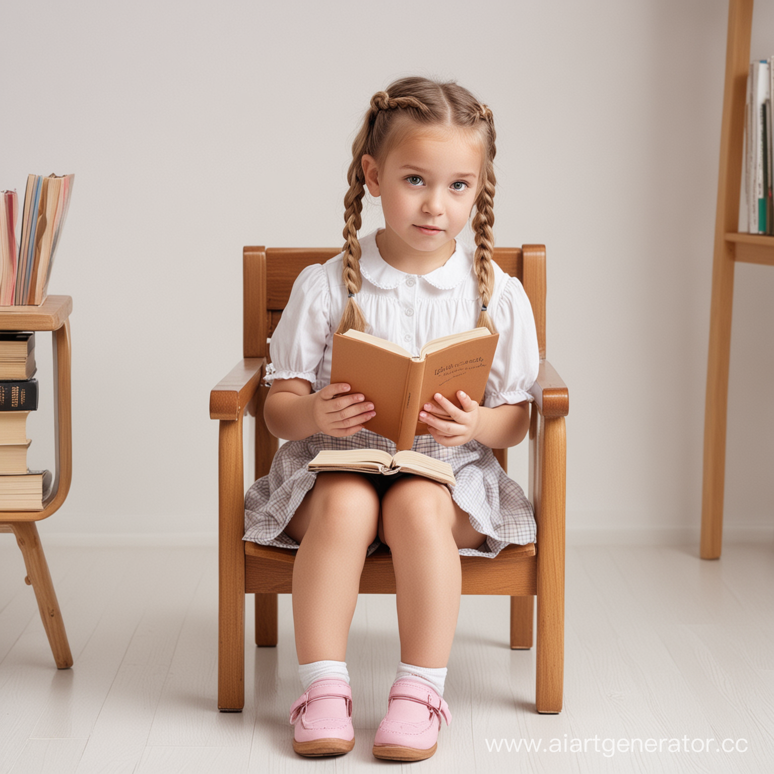 маленькая девочка с косичками,  с книгой на стуле в центре комнаты на белом фоне

