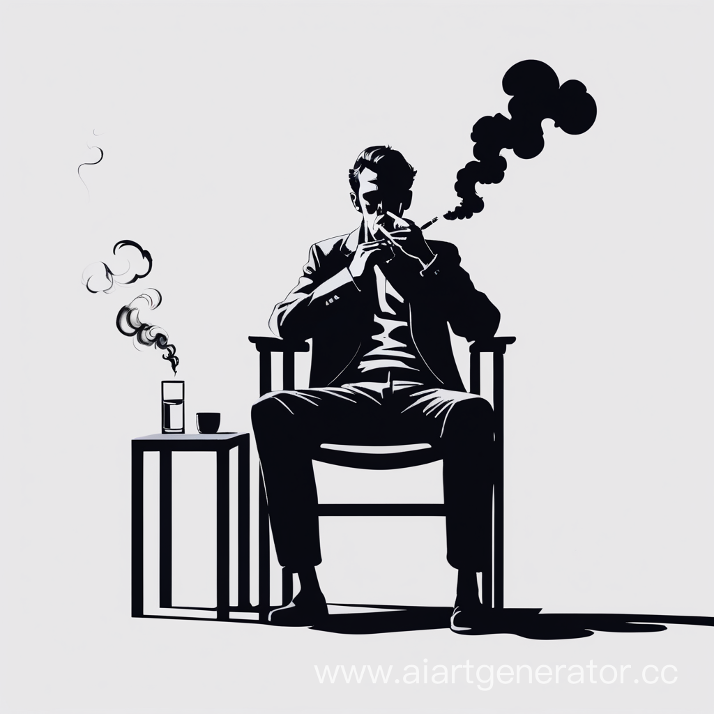 Человек сидит в кресле и курит. Стиль минимализм, должно быть очень мало деталей