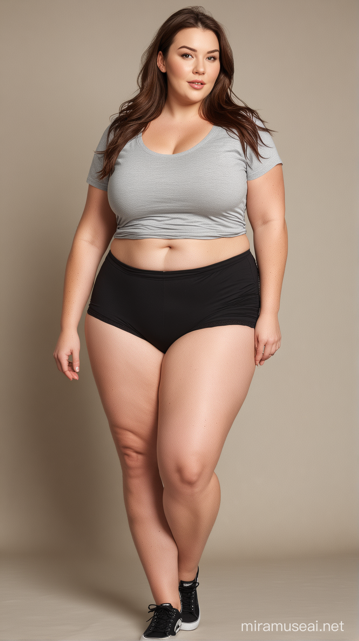 A plus size woman, 30 years old, weight 210 lbs, height 5.11 inch, wide hips, t shirt short