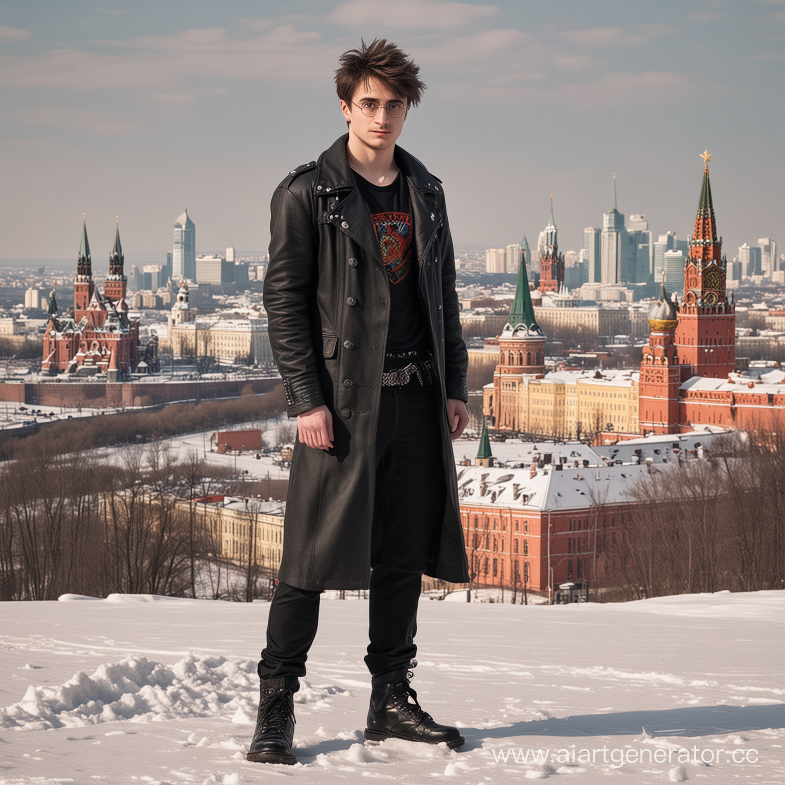 Нарисуй мне уникального персонажа, похожего на Гарри Поттера, но живущего в России, чтобы на фоне была Москва, а сам он был одет в одежду панков