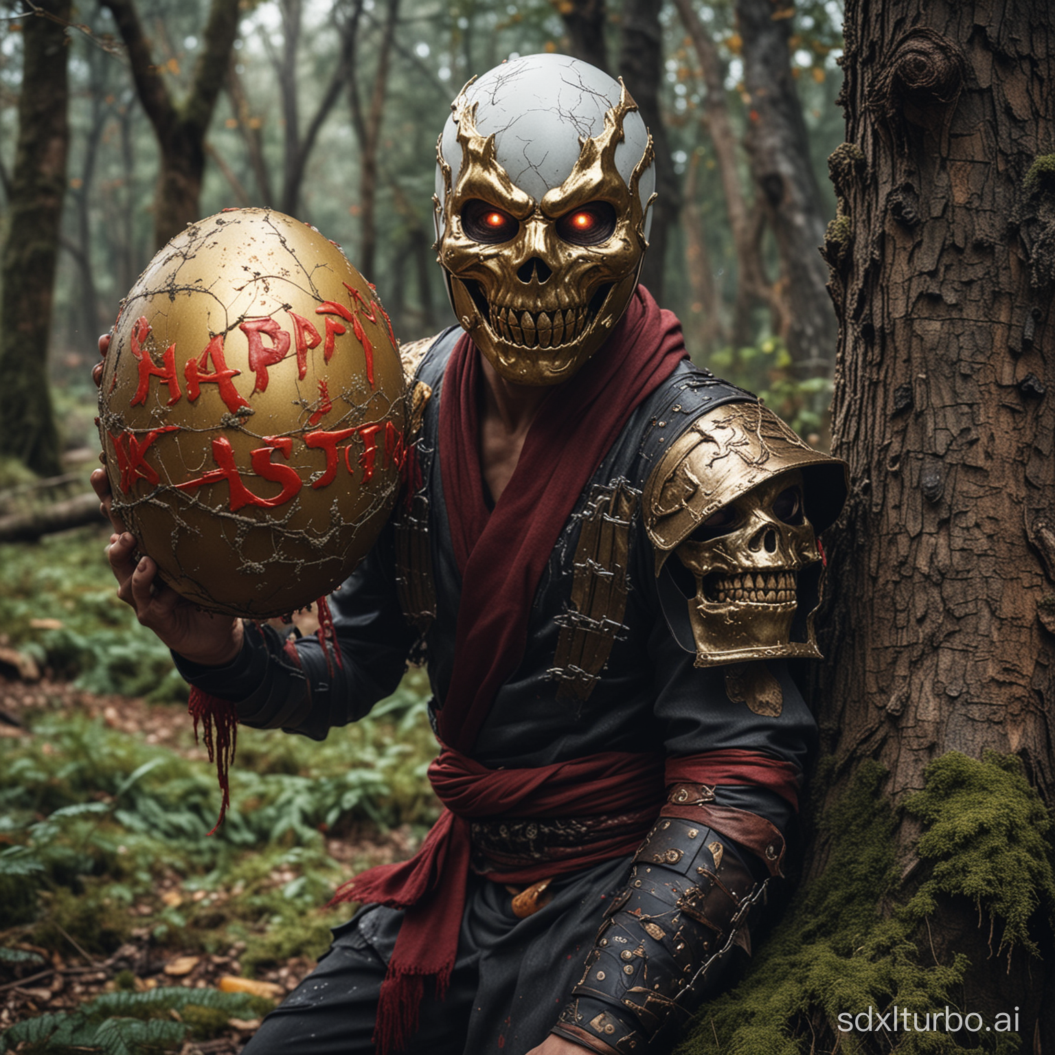 a sign says: "HAPPY EASTER by @MK_XTRA"!  an asian warrior who looks like a golden mortal kombat ninja with mask, golden shoes, white eyes. darkred scarf. he is hiding behind a tree with big colorful egg. he has wet, bloody arms. skull on waistbelt. he wears cracked, ornamented, reflective material. sees a big scary wounded rabbit looking for him. trees have scary looking faces with teeth. funny mood. moss. ultra detailed image quality. cinematic lightning. portrait, hdr. 
