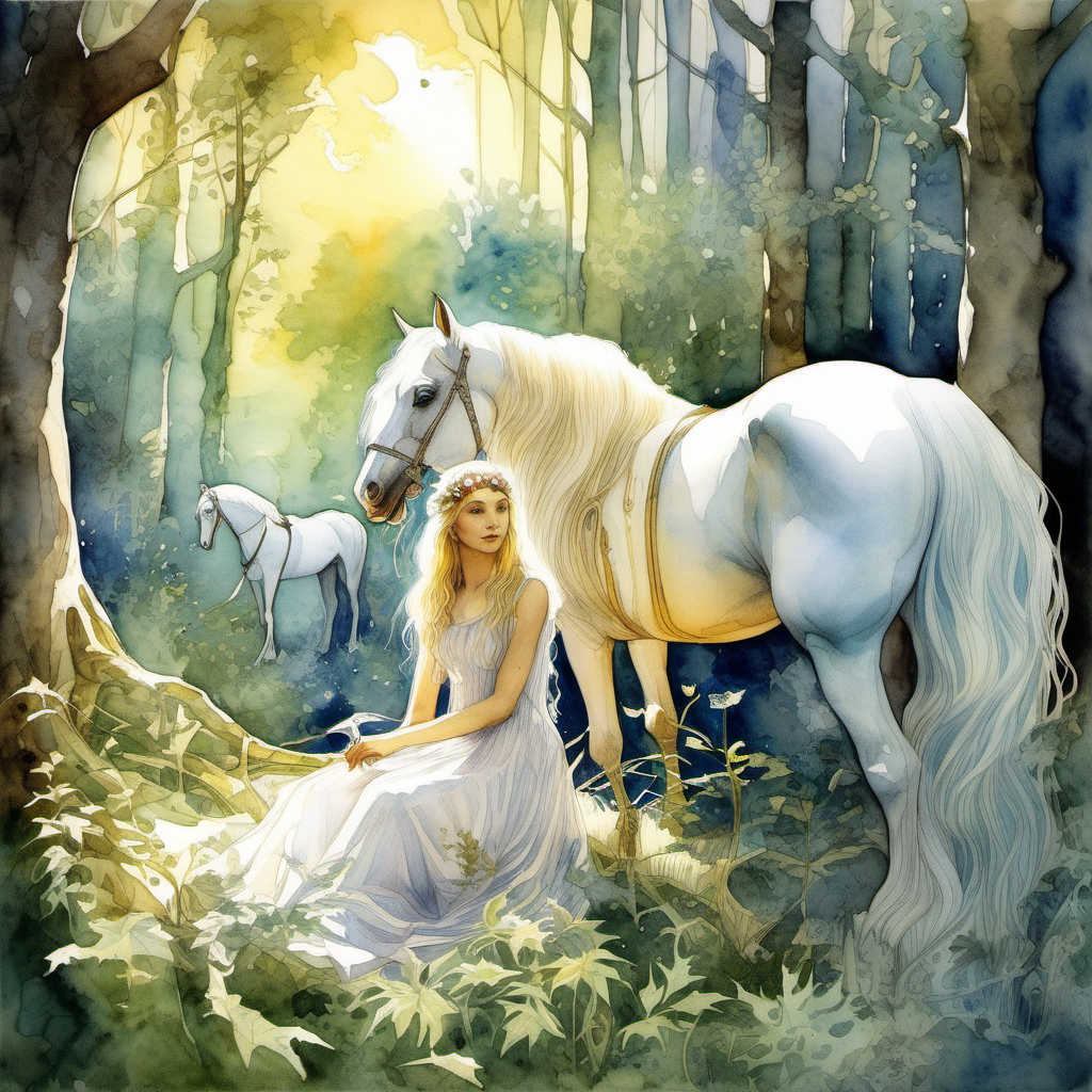 
a fairy and her white fairy horse rest in a sunny forest clearing, watercolors , beautiful nature , detailed, Bruno Amadio style, G. Bragolin style