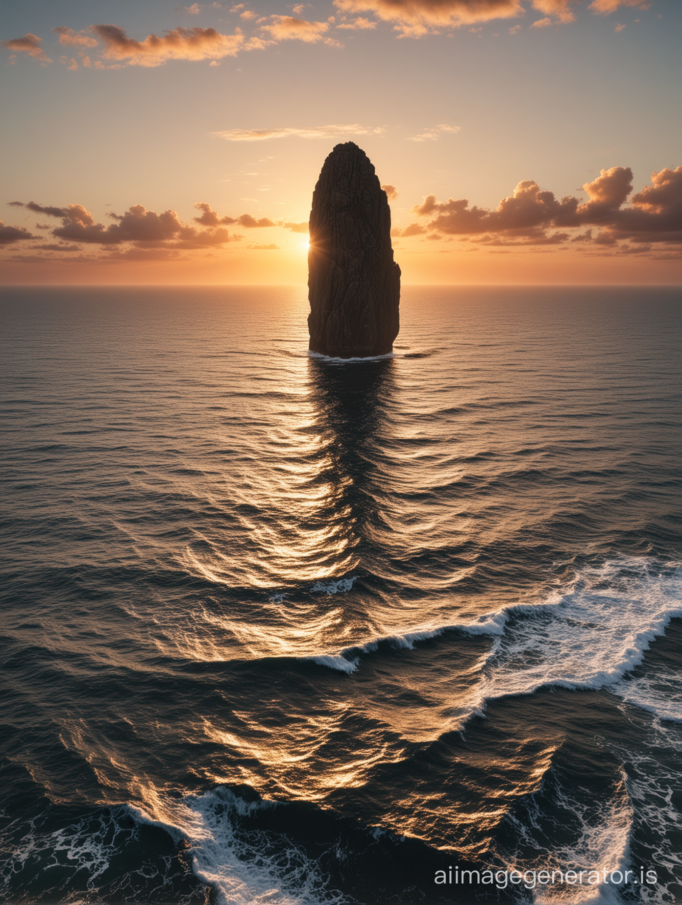 A high, slender rock towering over an endless ocean  în the sunset. No land în view.