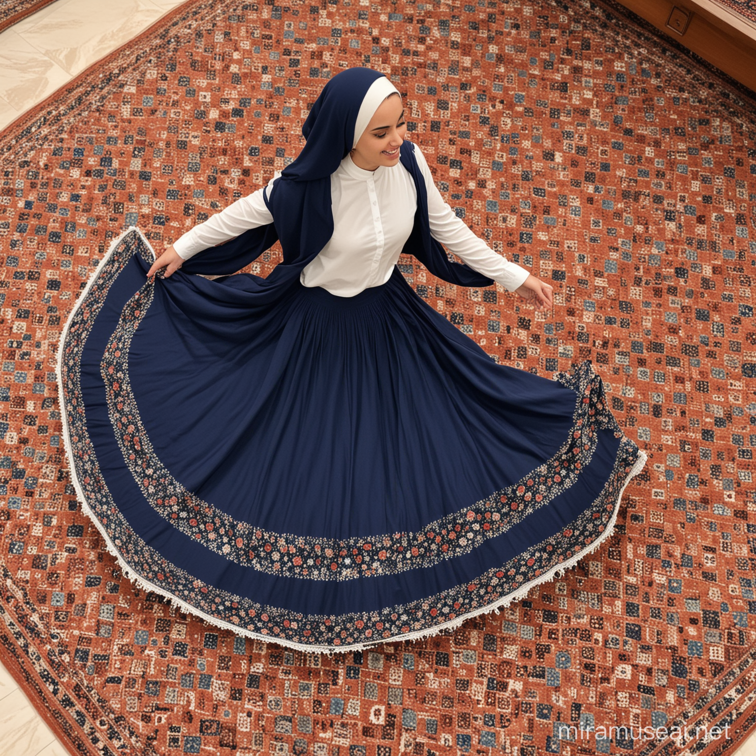 A girl wearing a hijab with a long navy blue skirt is spinning her skirt on the Iranian carpet


