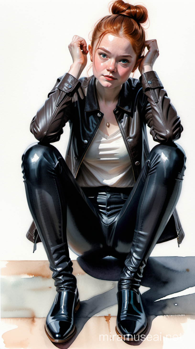 Alex Maleev illustration depicting smirking mature Sadie Sink wearing school blouse and leather jacket and shiny tight black leather pants, arms over her head, gray flat pumps, bun hair, sitting seductively surrounded by small drooling goblins, watercolor, white background, no distortion, gray palette, insanely high detail, very high quality, seen from below, low angle view, forced perspective
