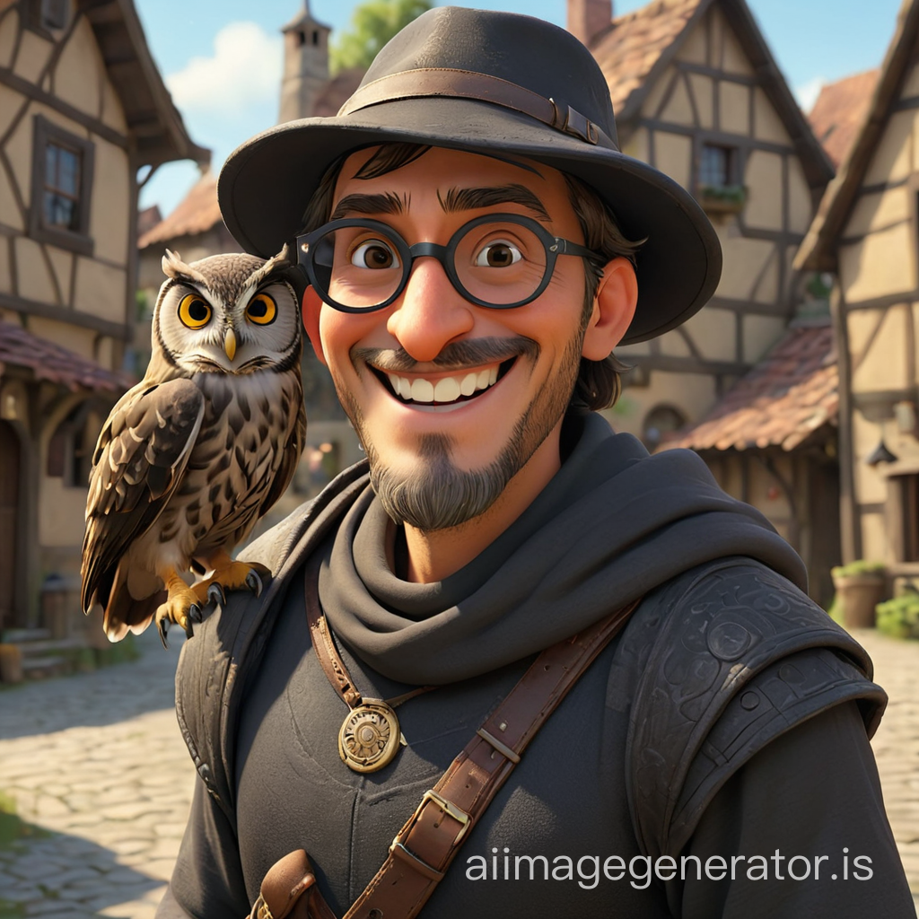a medieval man smiling + black opaque round sunglasses + hat + a big owl on the shoulder  + medieval village   +Pixar CGI style