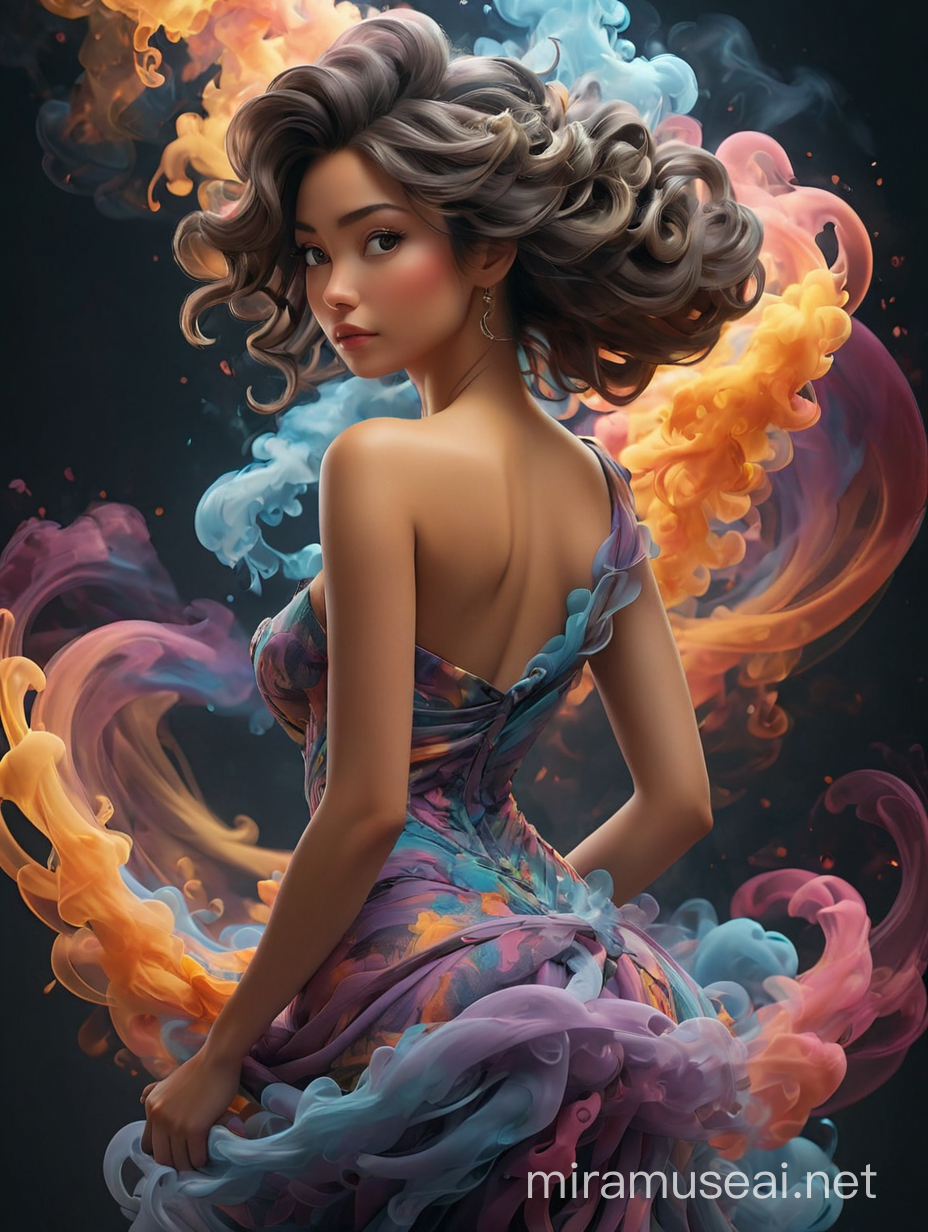 A stunning, ethereal (1 figure) made entirely of swirling smoke, captured in a back view, well-detailed feminine curves. Vibrant colors that explode in their shape. The studio lights illuminate every detail, creating a sharp and fascinating image "Leticia", conceptual art, 3d render, photo, cinematic, poster, typography, abstract
