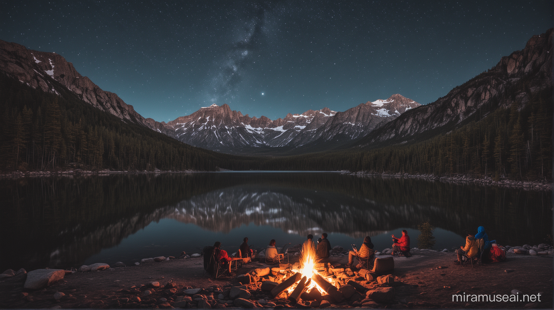 Serenity under Starlit Skies Camping by a Mountain Lake with Tinted Waters and a Glowing Campfire at Night