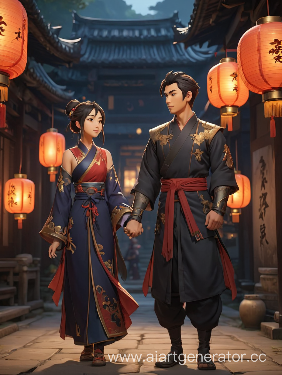 Genshin Impact, Ning Guang holding Jun Li's hand, Dark Chinese room, lots of lanterns
