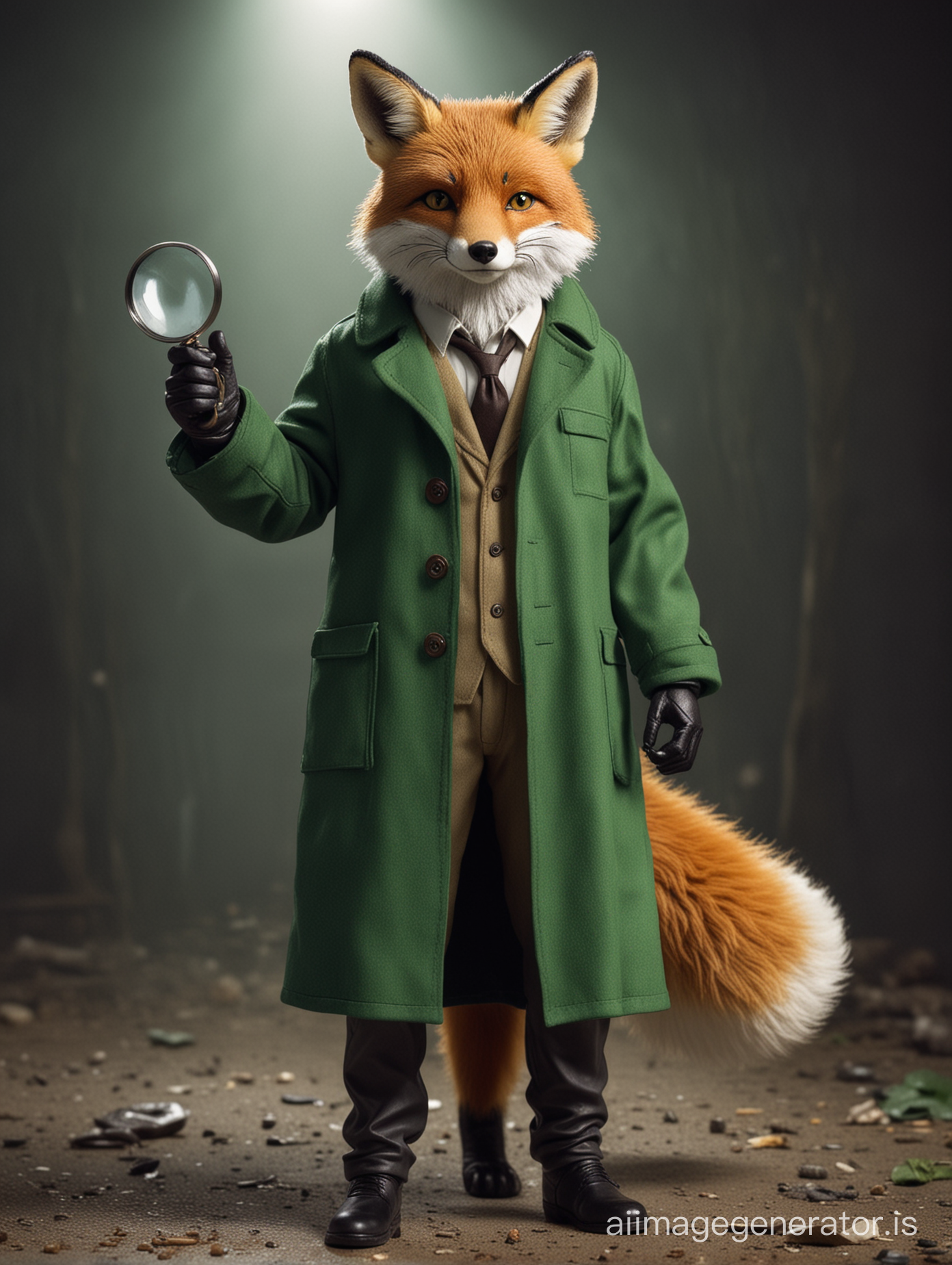 a fox who wear detective long green coat and has magnify on hand. stand in the crime location. make it real and add details.