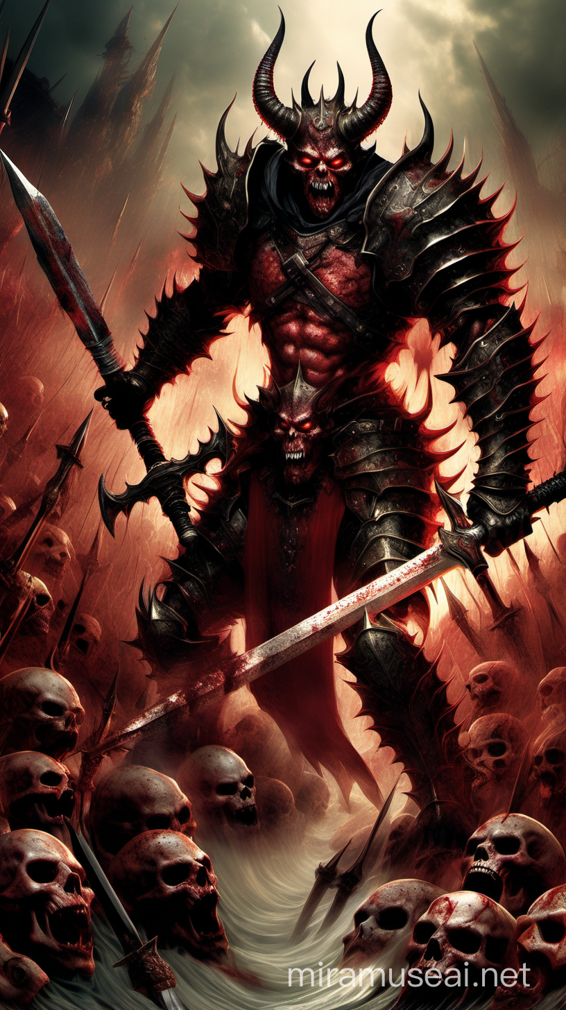 Demon warrior with spiked armour and wielding a sword in a demonic battlefield filled with skulls in a river of blood.